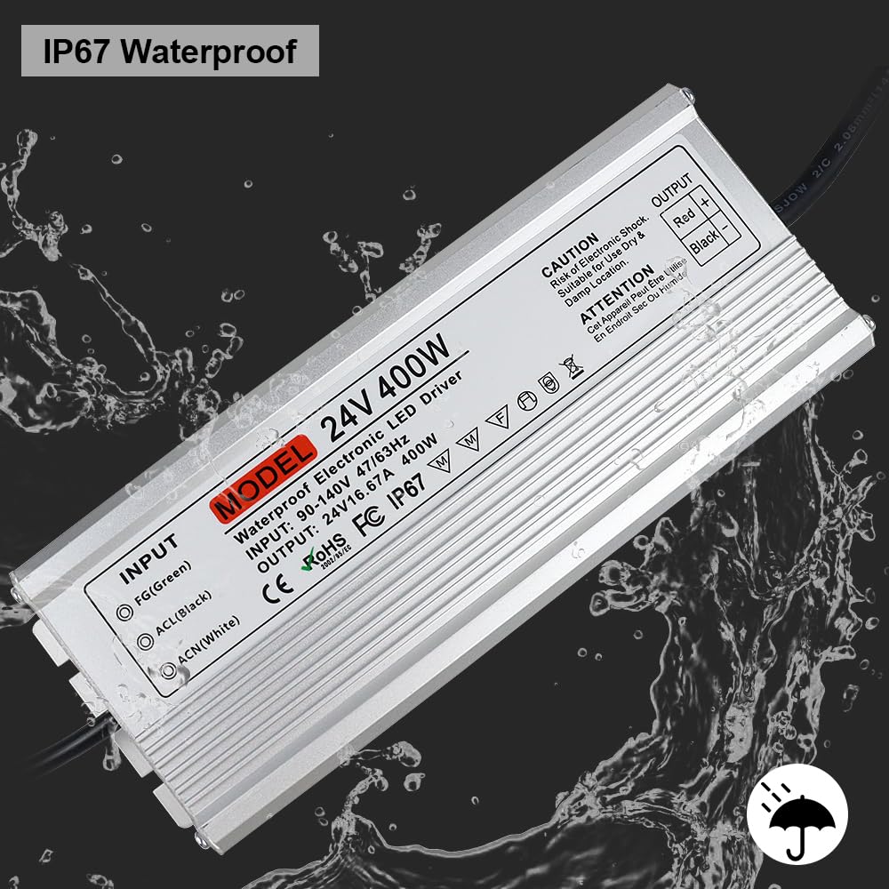 Fuente de alimentación LED de 24V 400W, Fuente de alimentación exterior impermeable IP67, CA 90-140V a DC 24 voltios controlador LED, transformador