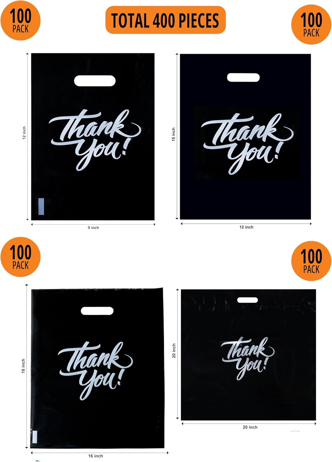 Infinite Pack Bolsas negras de 9 x 12 pulgadas, 12 x 15 pulgadas, 16 x 18 pulgadas, 20 x 20 pulgadas (400 unidades) bolsas de mercancía de