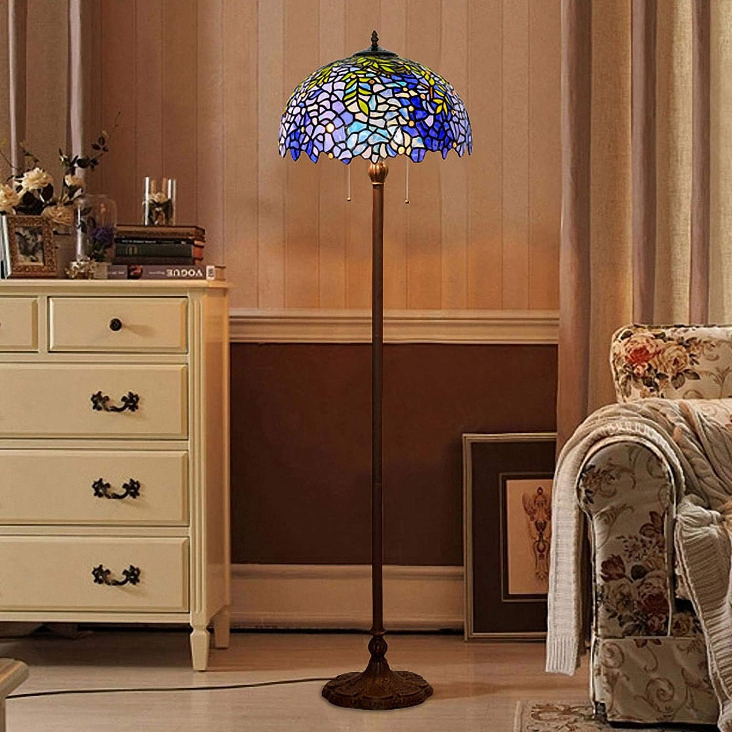 Lámpara de pie, estilo Tiffany, lámpara colgante de glicina morada con pantalla hecha a mano, adecuada para decorar habitaciones (morado, 16