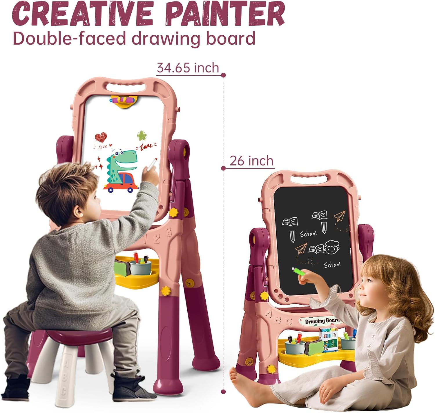 Caballete de arte para niños con tablero de dibujo magnético, caballete de doble cara con letras y números magnéticos, caballete de pie ajustable
