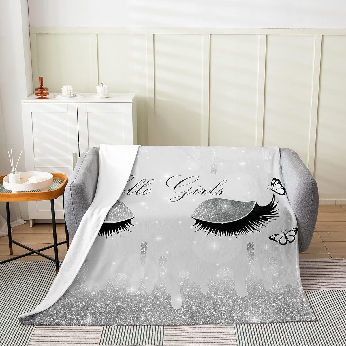 Manta de pestañas para niños y adultos, manta de franela de tinta fluida gris degradado, decoración de sofá cama, regalo para niñas, manta de forro