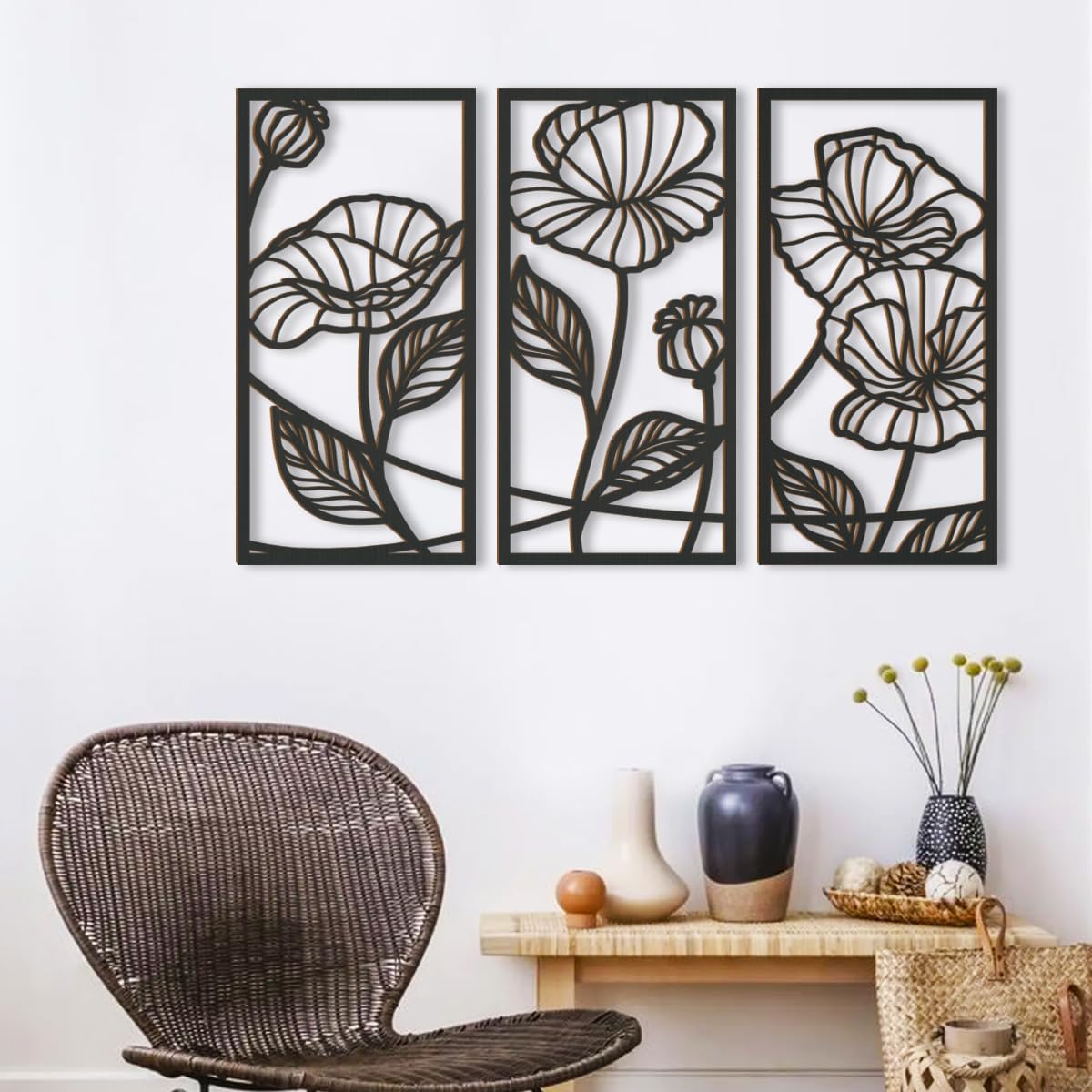 BINCUE Línea de arte de pared de madera minimalista negra, escultura moderna, decoración de pared de madera hueca 3D, 3 paneles, 16 x 32 pulgadas