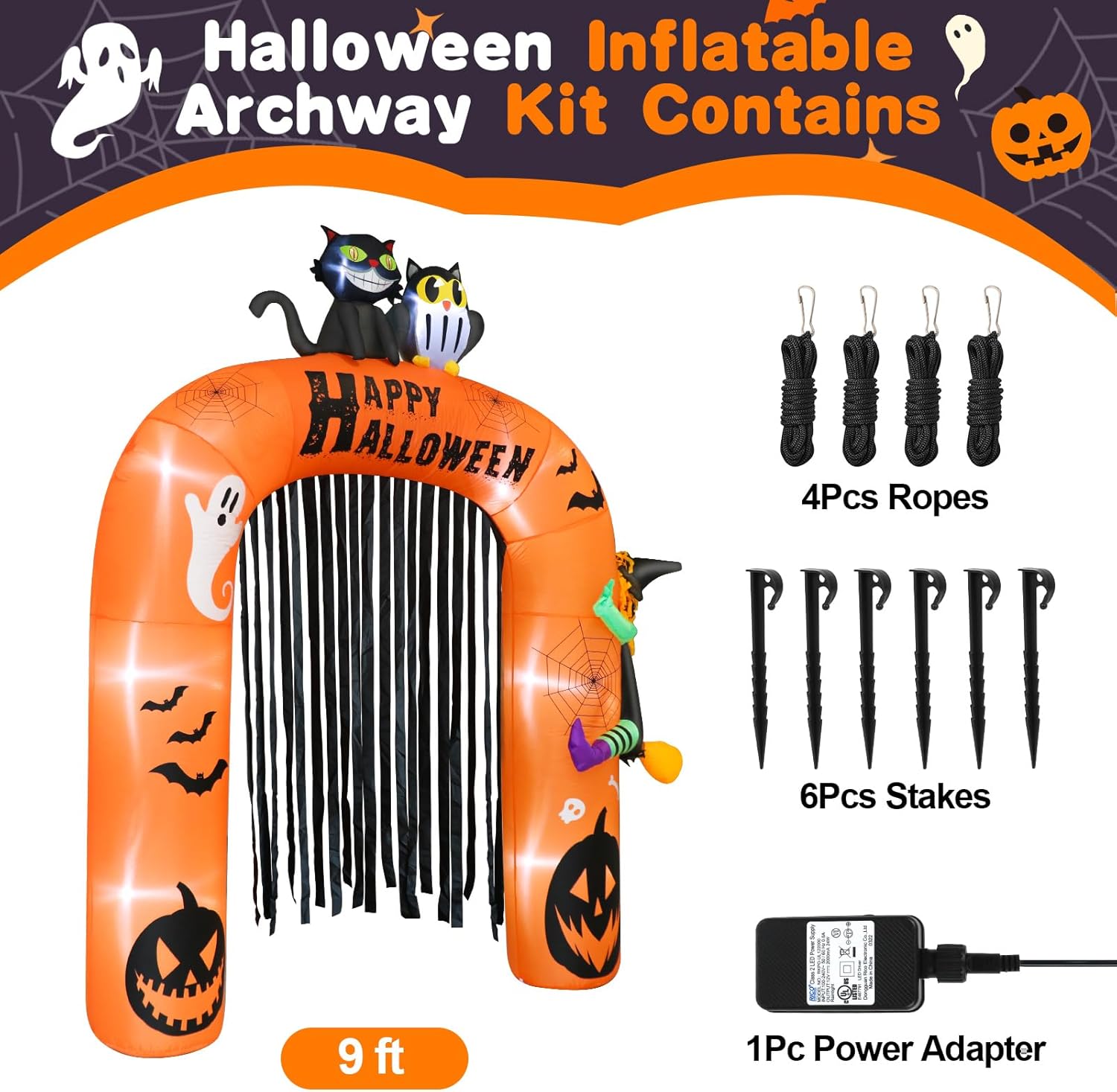 Decoración inflable de arco inflable de Halloween de 9 pies de alto, decoración iluminada de Halloween con gato, búho y bruja en arco, arco inflable