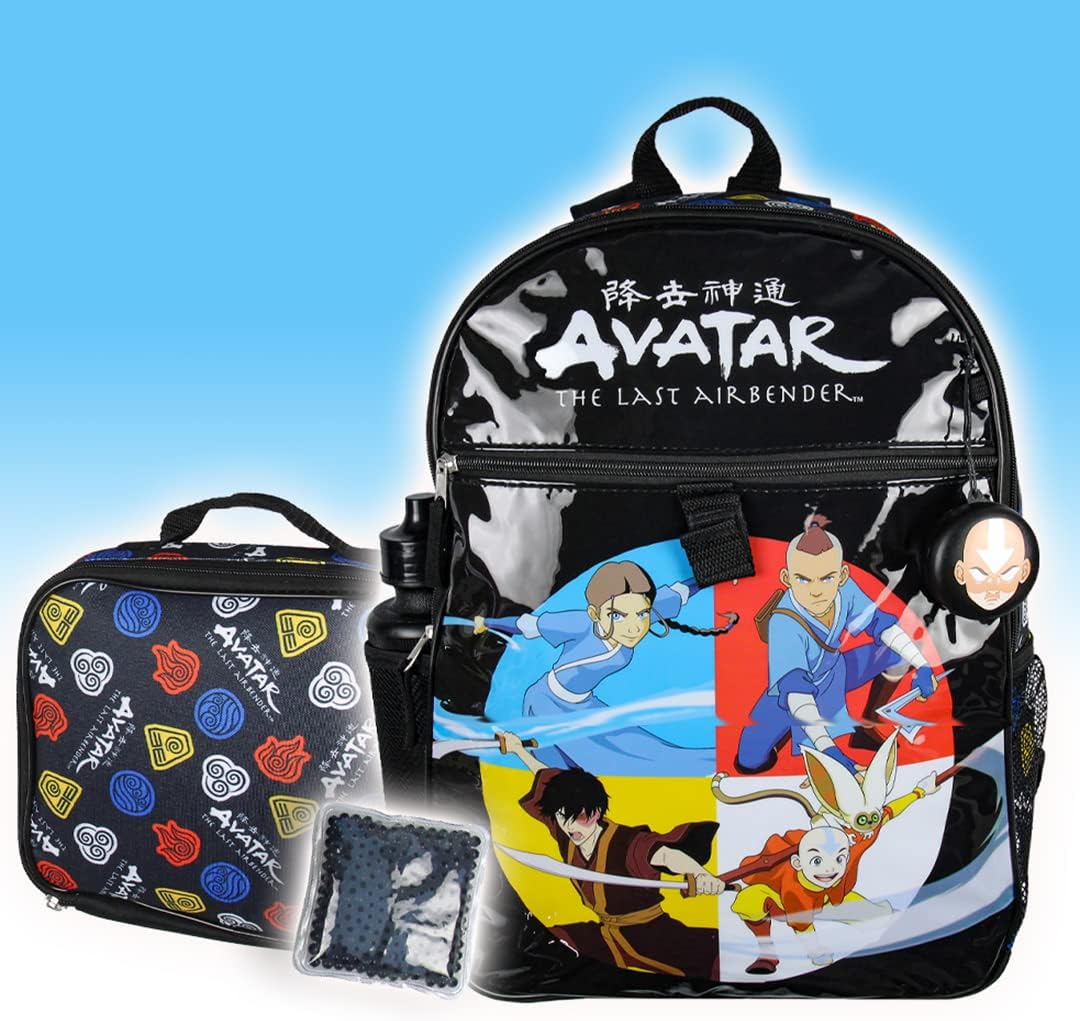 Nickelodeon Avatar The Last Airbender Characters Aang Zuko Katara Sokka – Mochila de 5 piezas, botella de agua Icepack, Varios colores, Personajes