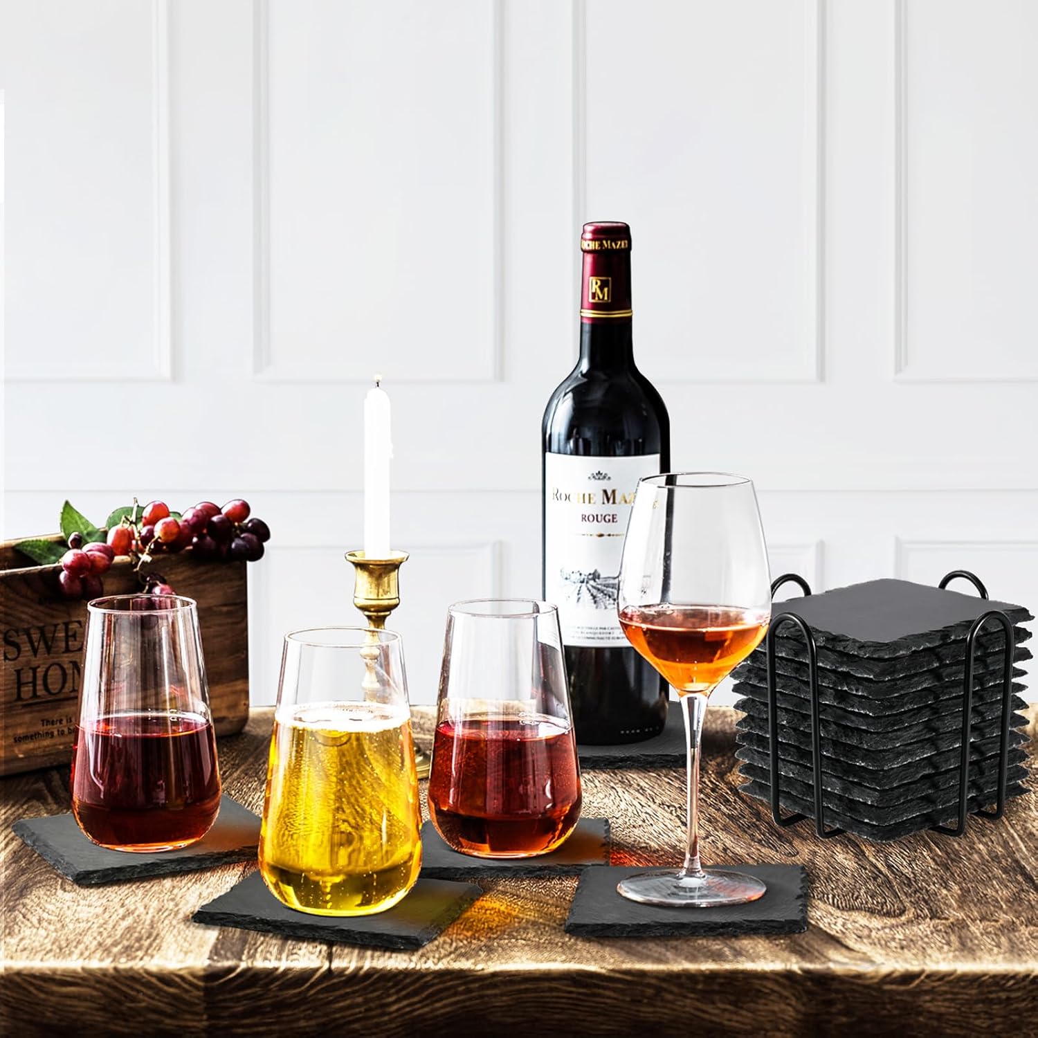 Posavasos de pizarra con soporte, 4 pulgadas, 12 piezas, cuadrados rústicos, juego de posavasos de piedra negra con respaldo antiarañazos para bar,
