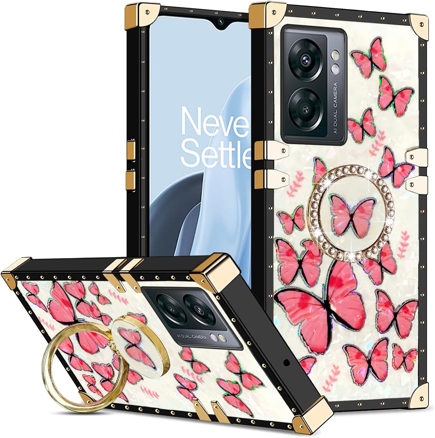Funda para teléfono N300, funda para OnePlus Nord N300 5G para mujer, bonita funda protectora cuadrada con purpurina femenina elegante retro choque