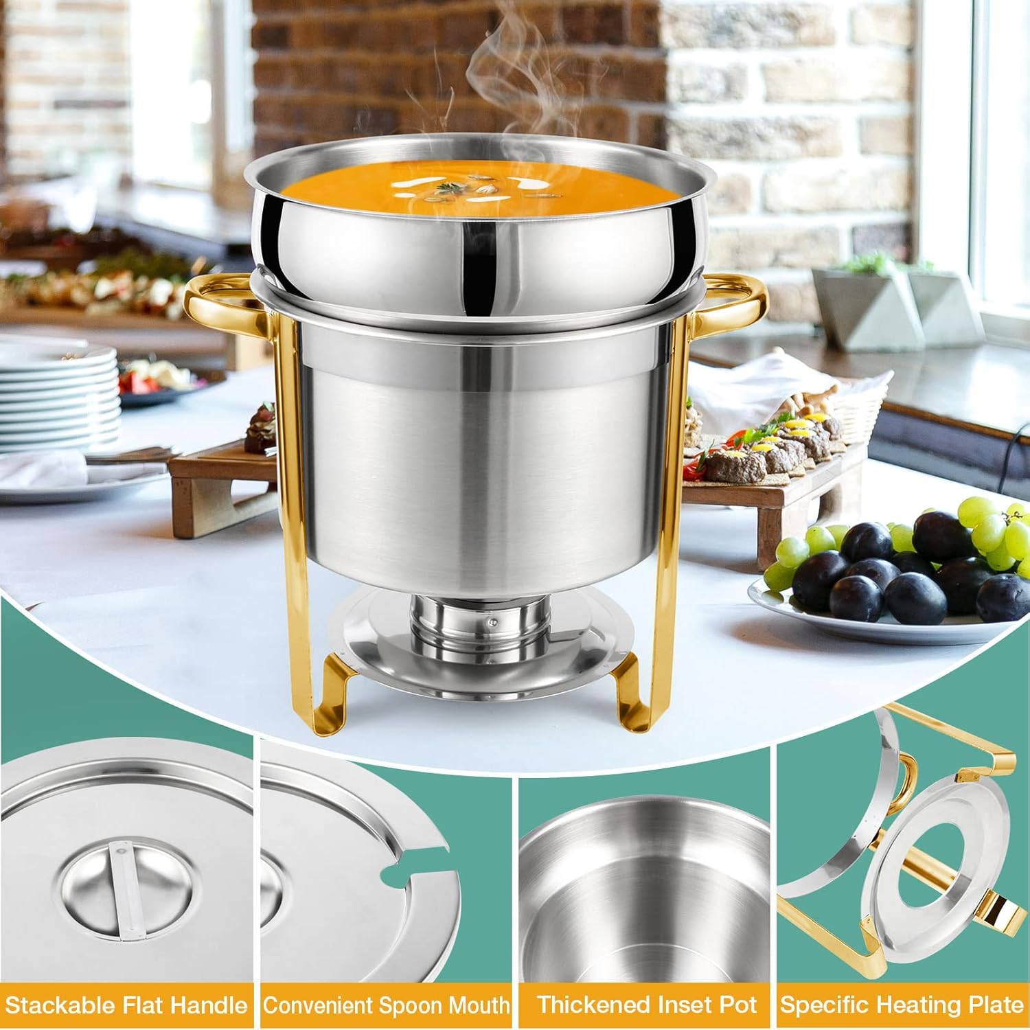 Restlrious Soup Chafer – Calentador de sopa redondo de acero inoxidable de 7 cuartos de galón, calentador de sopa grande de marmita, con tapa de