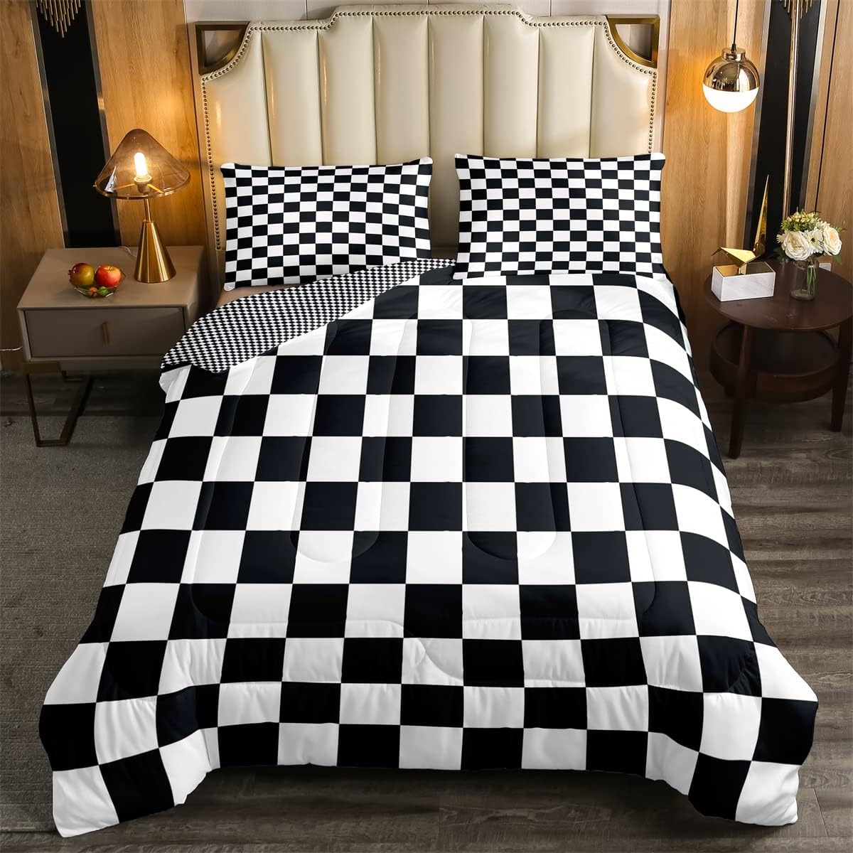 Erosebridal Juego de ropa de cama a cuadros en blanco y negro, tamaño matrimonial, juego de edredón reversible con cuadrícula geométrica para niños,
