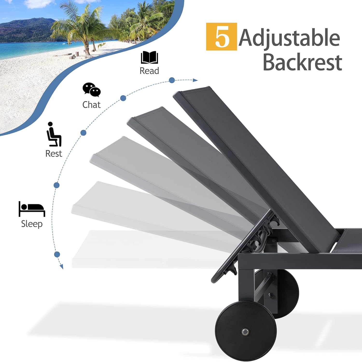 QAQA – 2 tumbonas para exteriores con ruedas, silla de aluminio para patio con 5 posiciones ajustables para piscina, playa, patio, gris oscuro