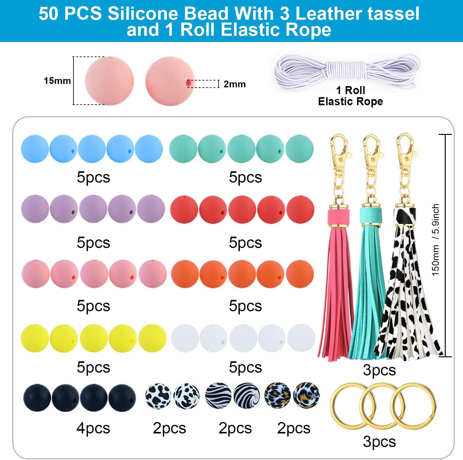 DIYCICO Cuentas de silicona para kit de fabricación de llaveros, cuentas redondas de silicona de 0.59 pulgadas a granel con borla de cuero y cuerdas