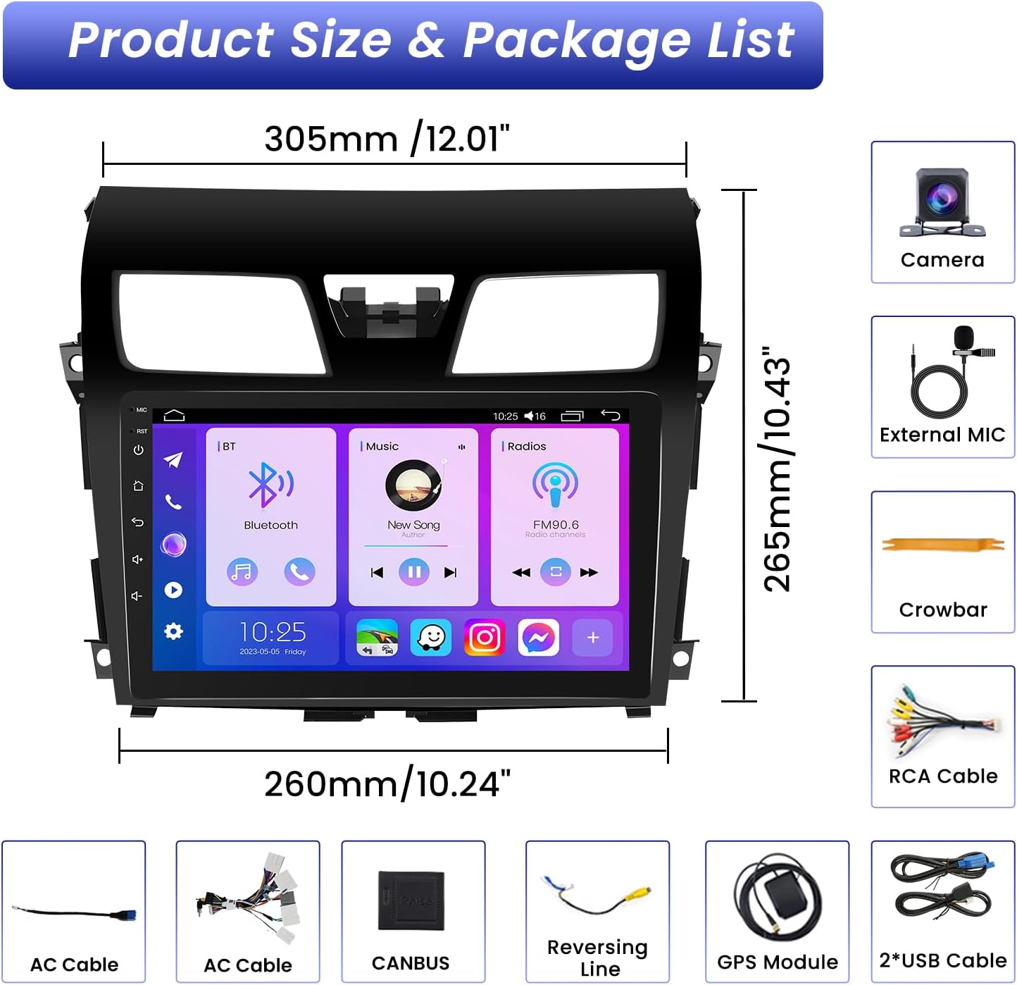 Radio estéreo para coche para Nissan Altima 2013 2014 2015 – CarPlay inalámbrico Android Auto 1280 * 800 10 ” pantalla táctil unidad principal con