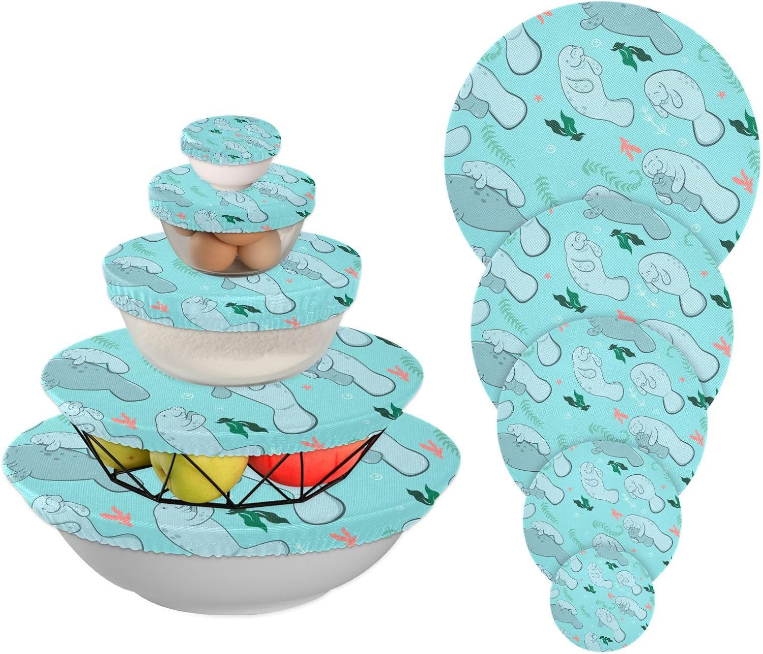 Blue Manatees – 5 fundas elásticas reutilizables para cuencos para almacenamiento de alimentos, tapas de tela elástica con 5 tamaños diferentes,