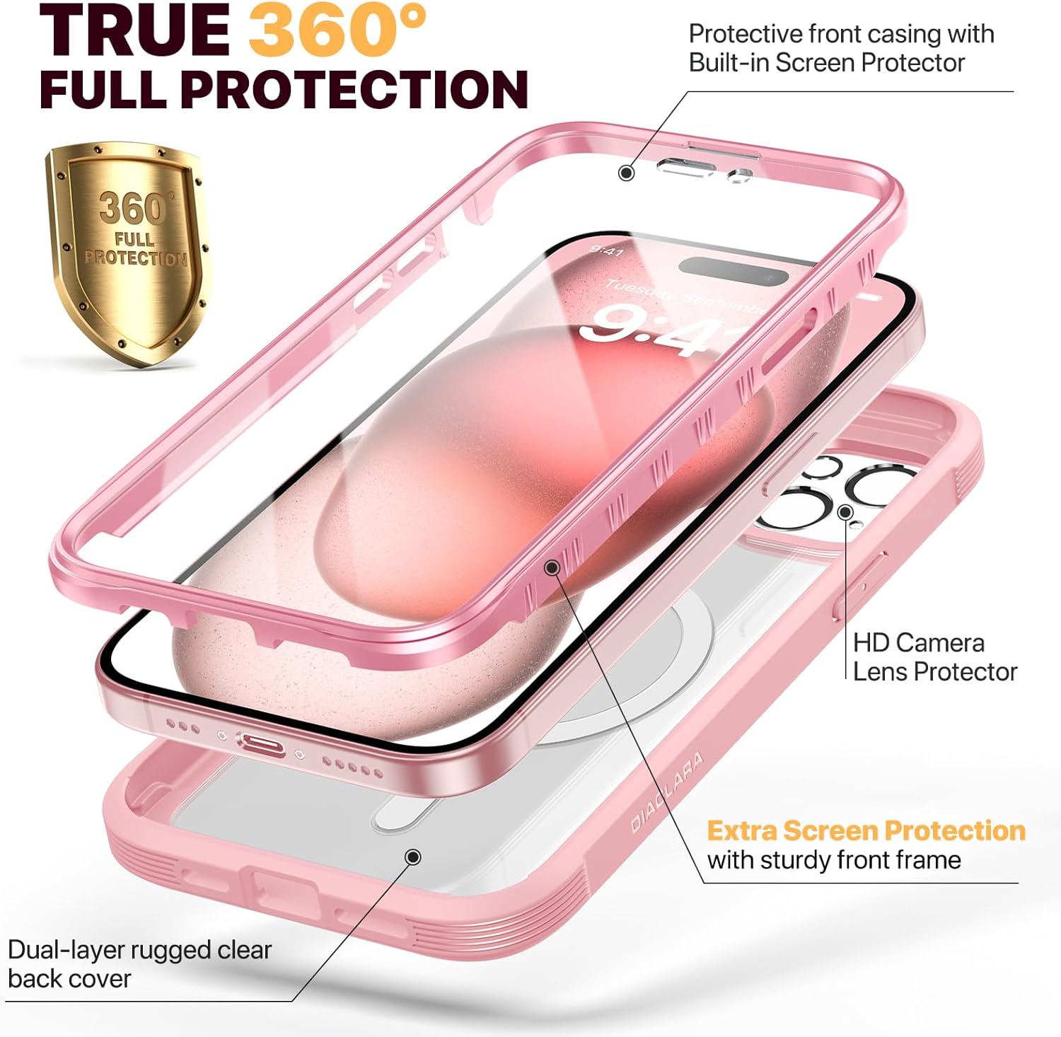 Diaclara Funda diseñada para iPhone 15 Plus de 6.7 pulgadas, compatible con MagSafe, funda magnética resistente de cuerpo completo con protector de
