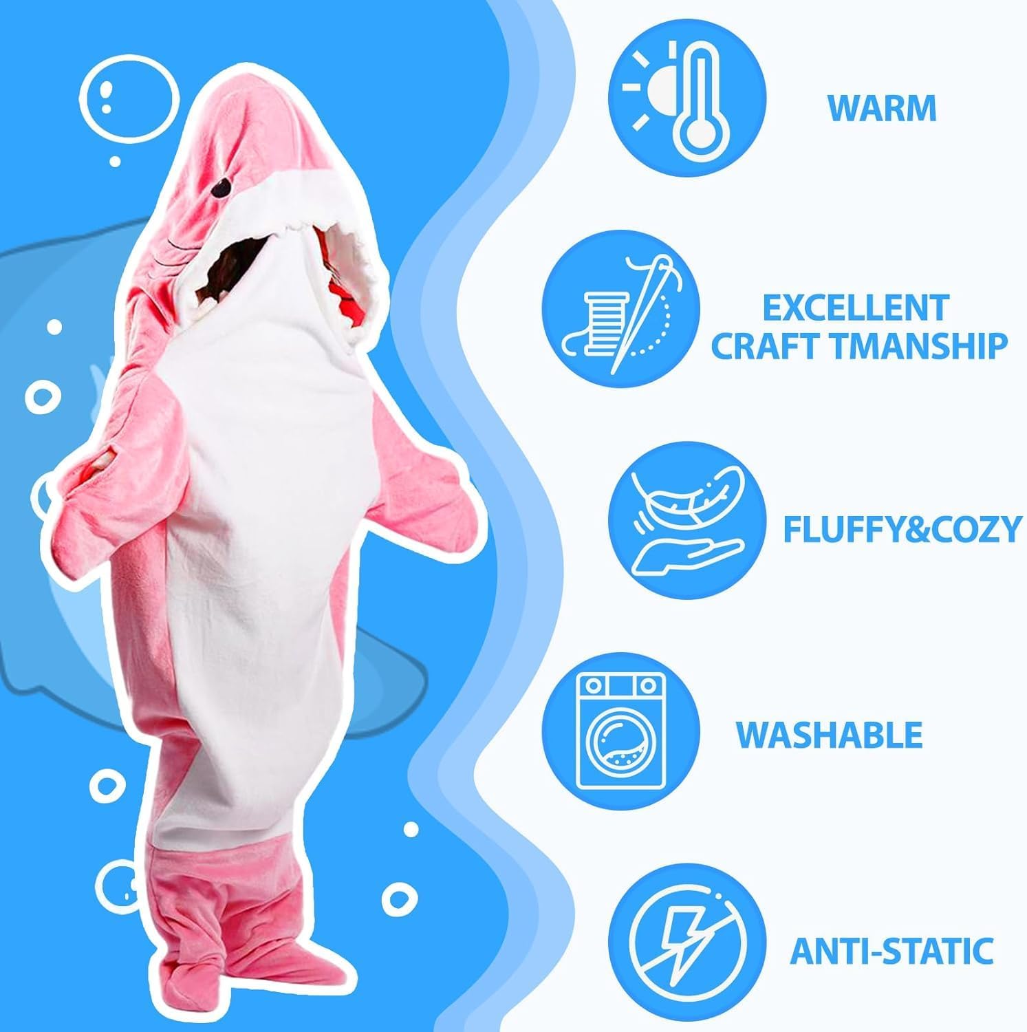Manta de tiburón con capucha para adulto, cómoda manta de tiburón con capucha súper suave, saco de dormir de tiburón para adultos y niños (rosa,