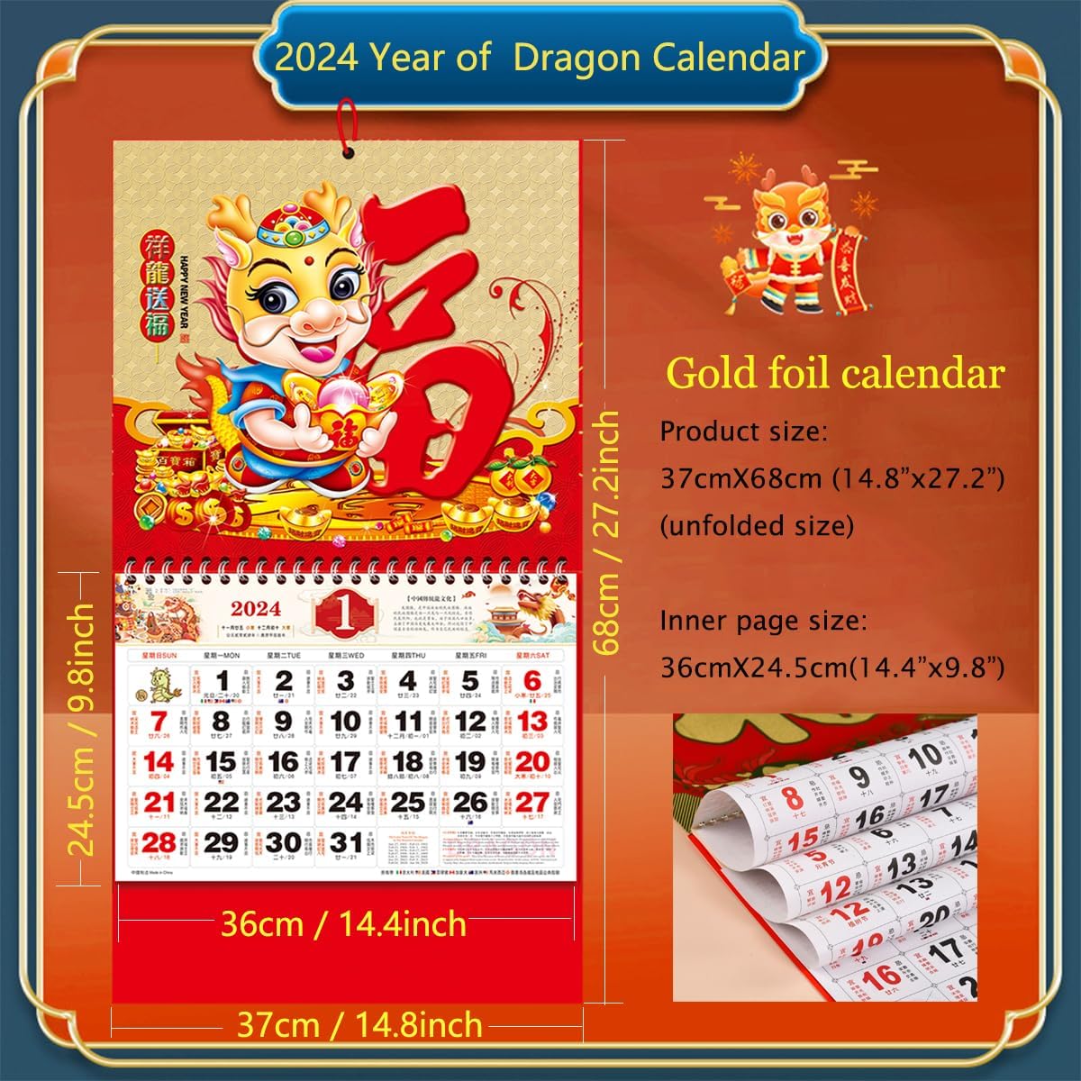 Calendario chino de pared del año del dragón 2024, calendario lunar chino 2024, calendario lunar mensual para decoración de año nuevo chino,