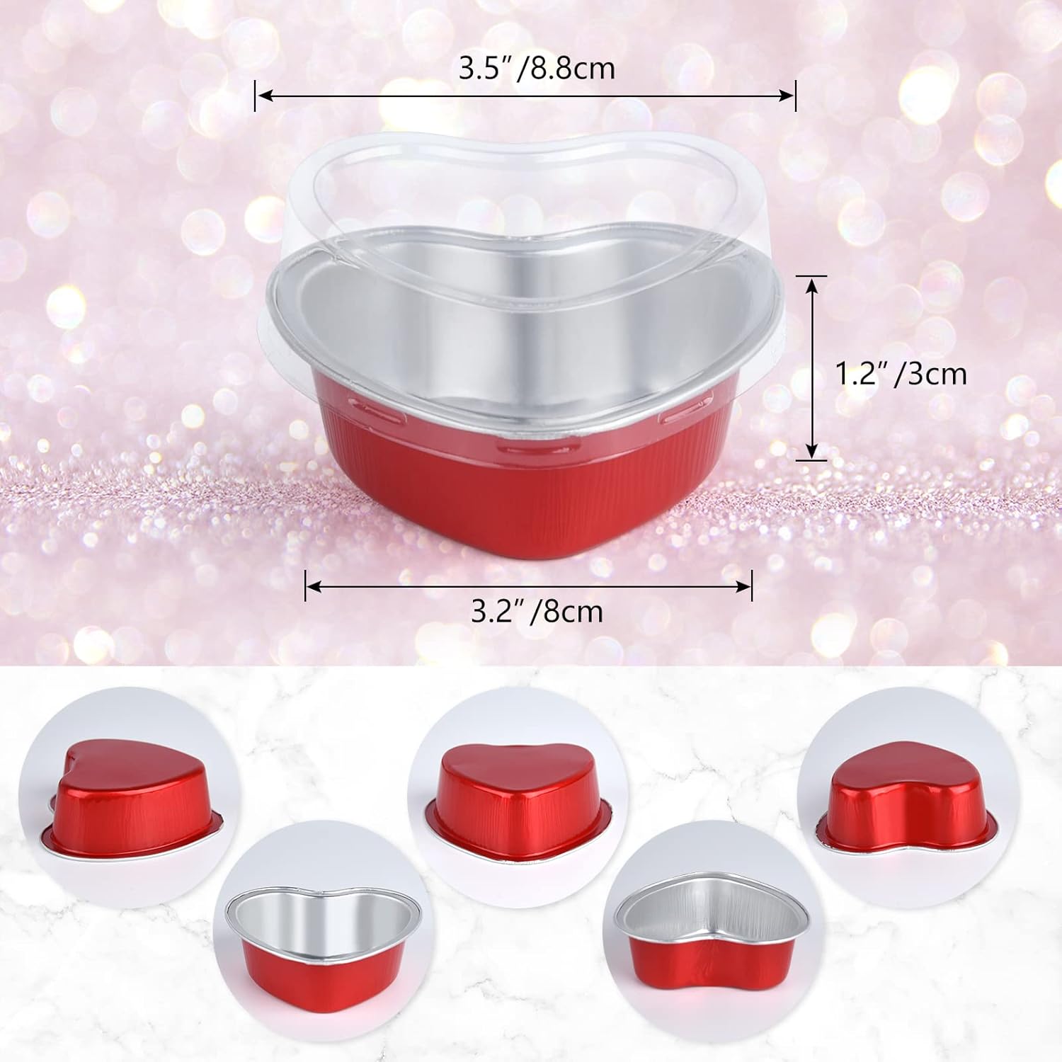 ELECLAND Juego de 50 moldes de papel de aluminio con forma de corazón rojo de 3.4 onzas con tapas, para postres, para hornear, cupcakes, para San