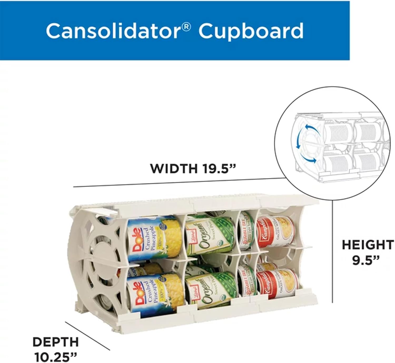 Shelf Reliance Cansolidator – 20 latas, organizador de despensa apilable ajustable para latas, organizador de cocina giratorio de almacenamiento de