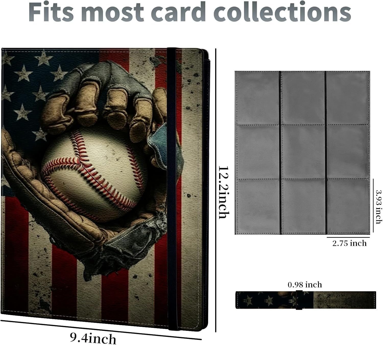 Carpeta de tarjetas de béisbol con bandera retro, 9 bolsillos para álbum de tarjetas intercambiables, carga lateral, 900 bolsillos, tarjetero de