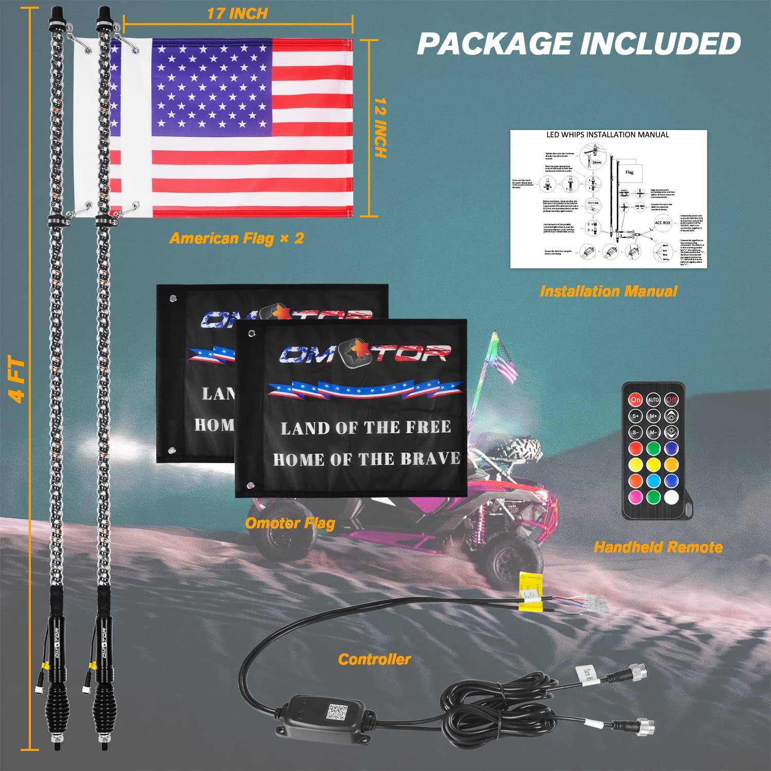 2 luces LED en espiral RGB de 4 pies con base de resorte, luz de persecución con Bluetooth y control remoto, látigos de antena iluminados para