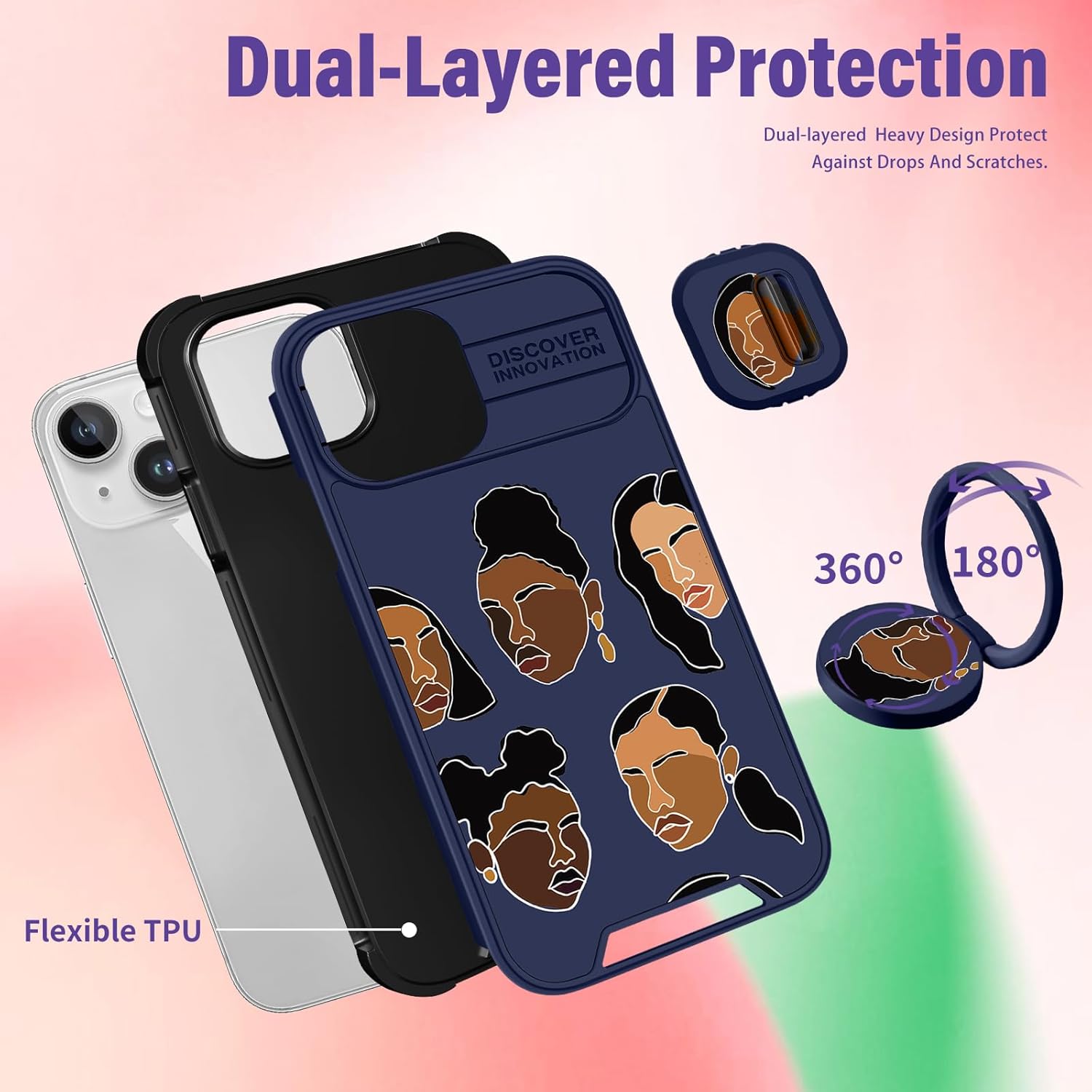 Funermei Funda para iPhone 14 Plus (2 en 1 para iPhone 14 Plus para mujer, linda funda para niñas negras, estética, arte de moda kawaii, diseño