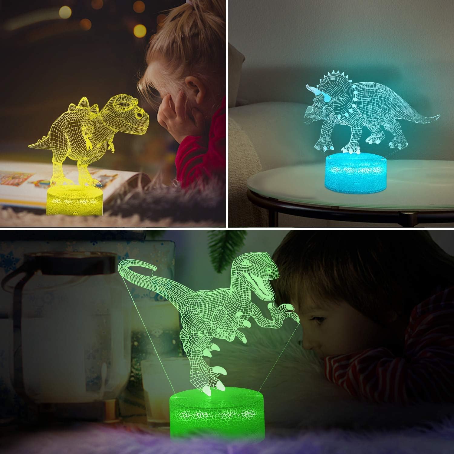 VSATEN Dinosaur Night Light for Kids, 3D Illusion Lamp 3-Pattern & 16 Colors Changing LED Dino Nightlight with Smart Touch & Remote Control,