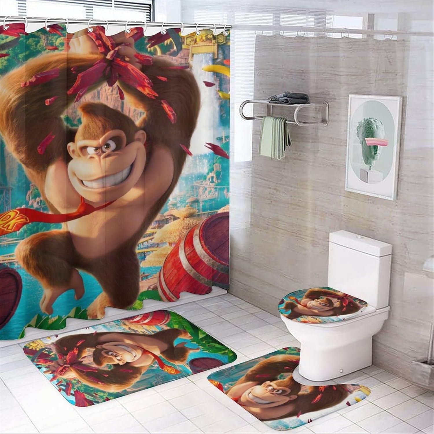 Awetmud Juego de cortina de ducha de juego de dibujos animados con alfombra antideslizante, cubierta de tapa de inodoro, tapete de baño, juego de