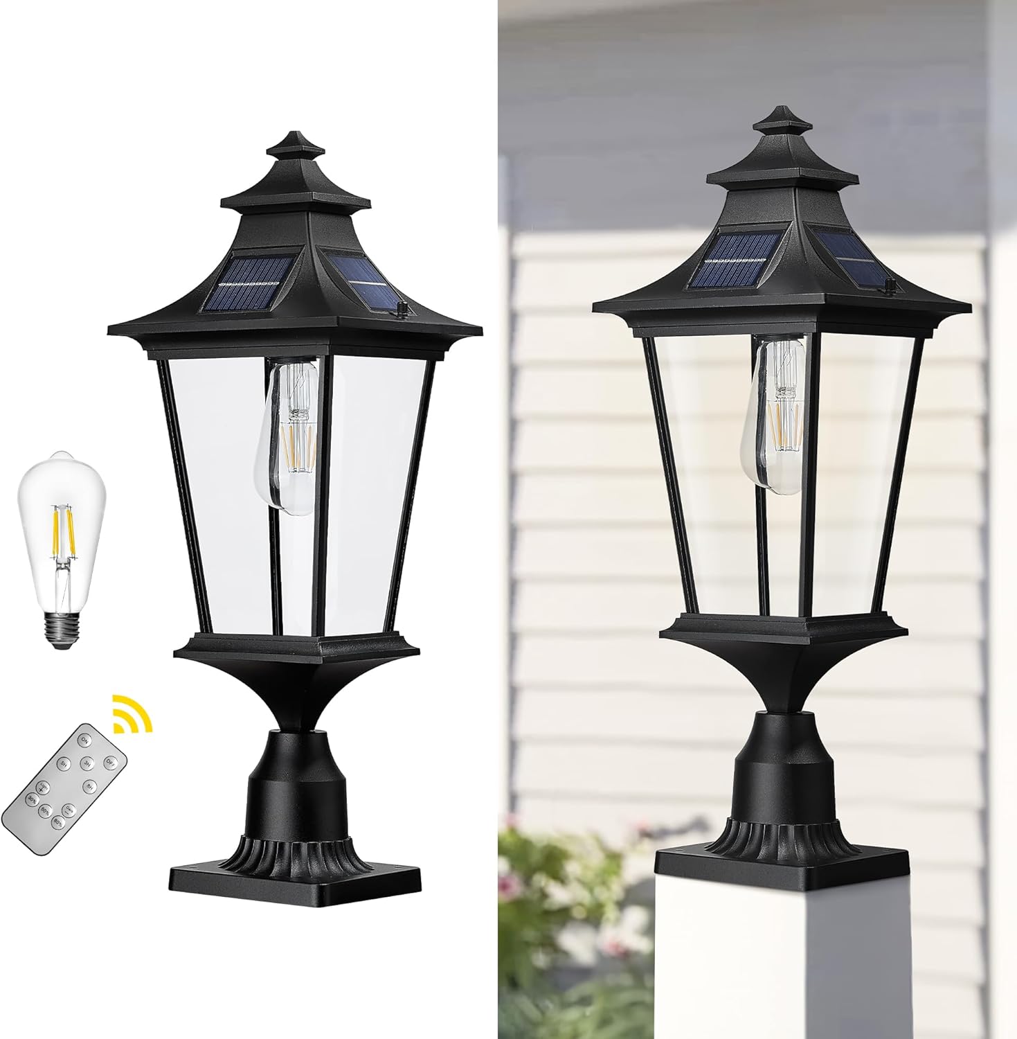 Emliviar Lámpara solar de granja de 22 pulgadas con montaje en muelle, luz de poste grande para patio exterior con control remoto, aluminio fundido