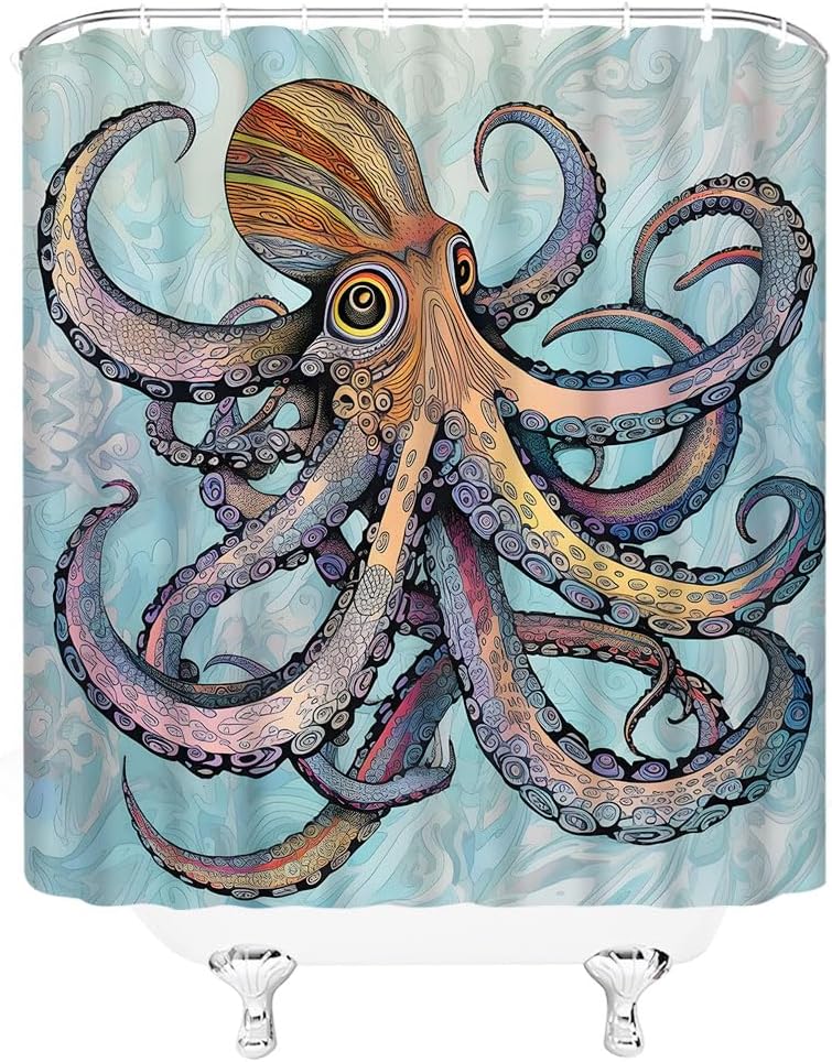 Cortina de ducha bohemia con diseño de pulpo, diseño abstracto de Kraken con diseño floral bohemio, océano, gigante, vida marina, tentáculo, cortina