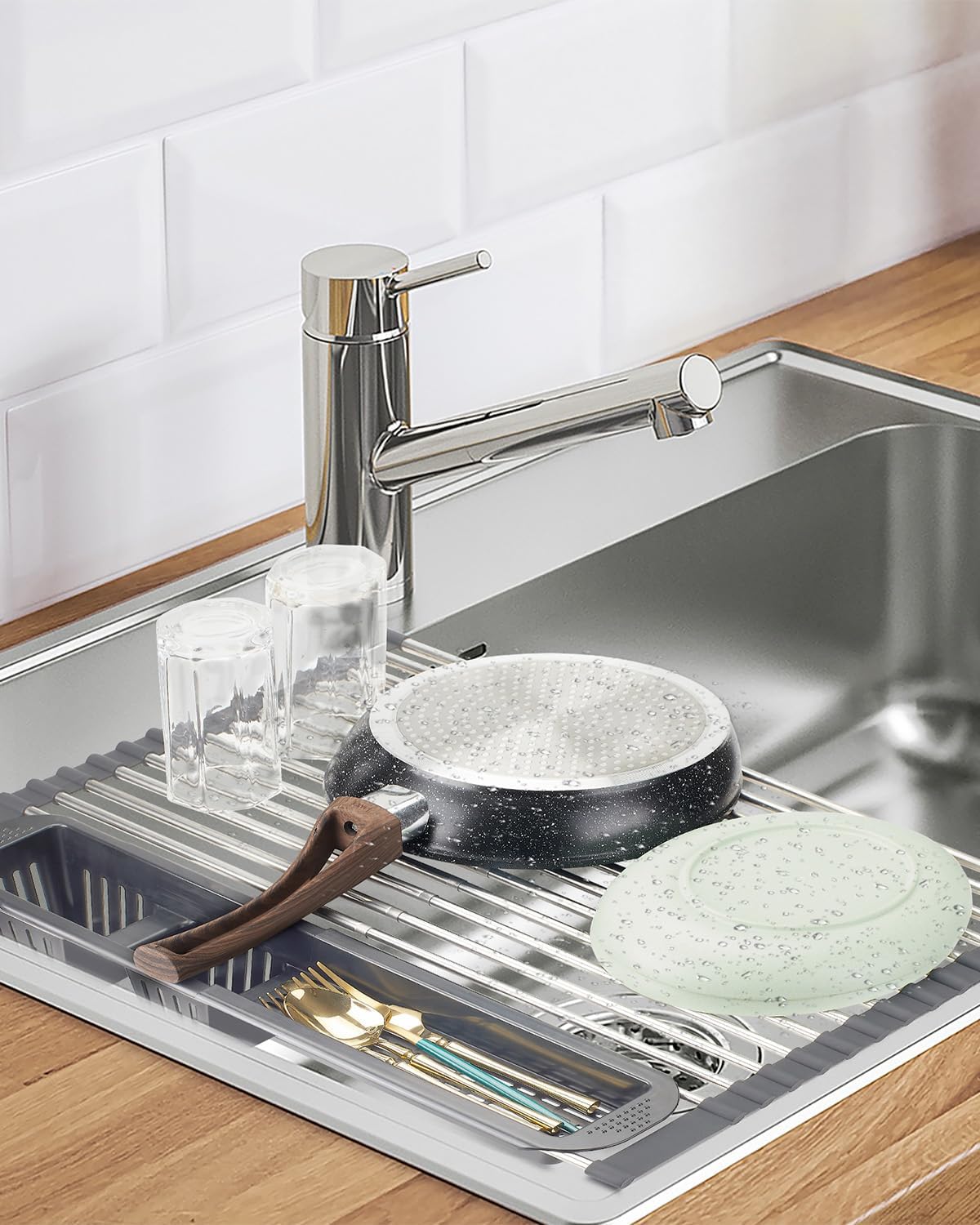 Escurridor de platos enrollable, escurridor de platos extensible sobre el fregadero, estante de cocina de acero inoxidable con soporte para