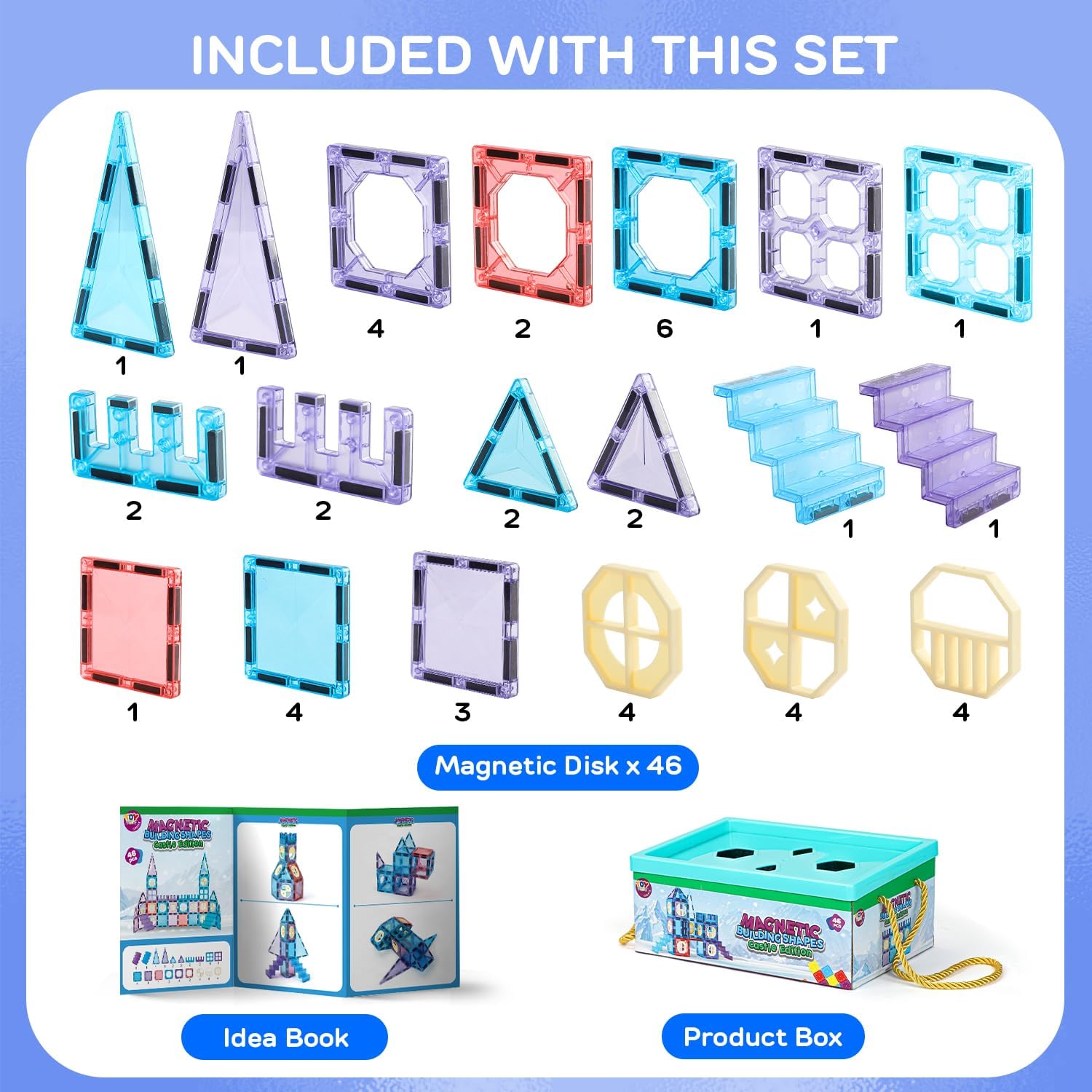 TOY Life Azulejos magnéticos para niños de 3 a 5 años, 46 piezas de bloques magnéticos para niños de 3 a 5 años, juguetes de construcción
