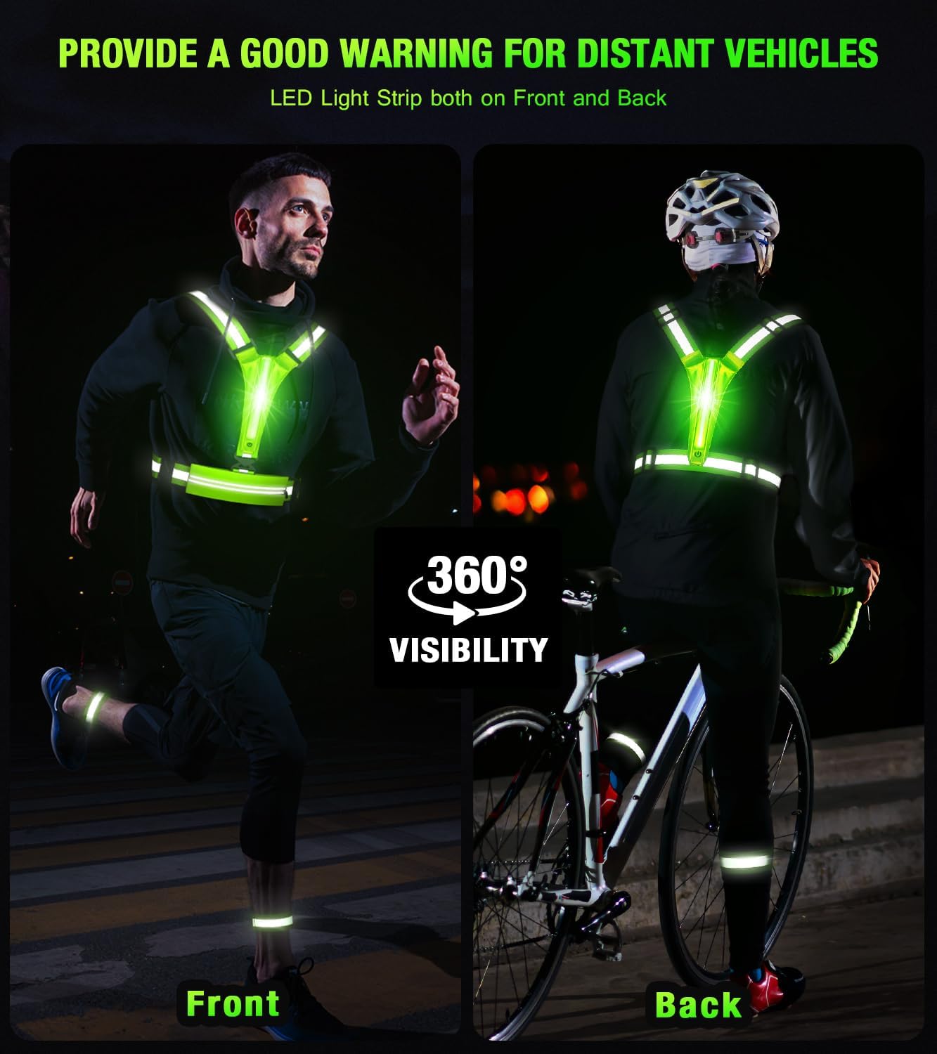 Chaleco reflectante LED para correr, chaleco de correr recargable por USB para corredores, caminatas nocturnas con bolsa impermeable para teléfono,