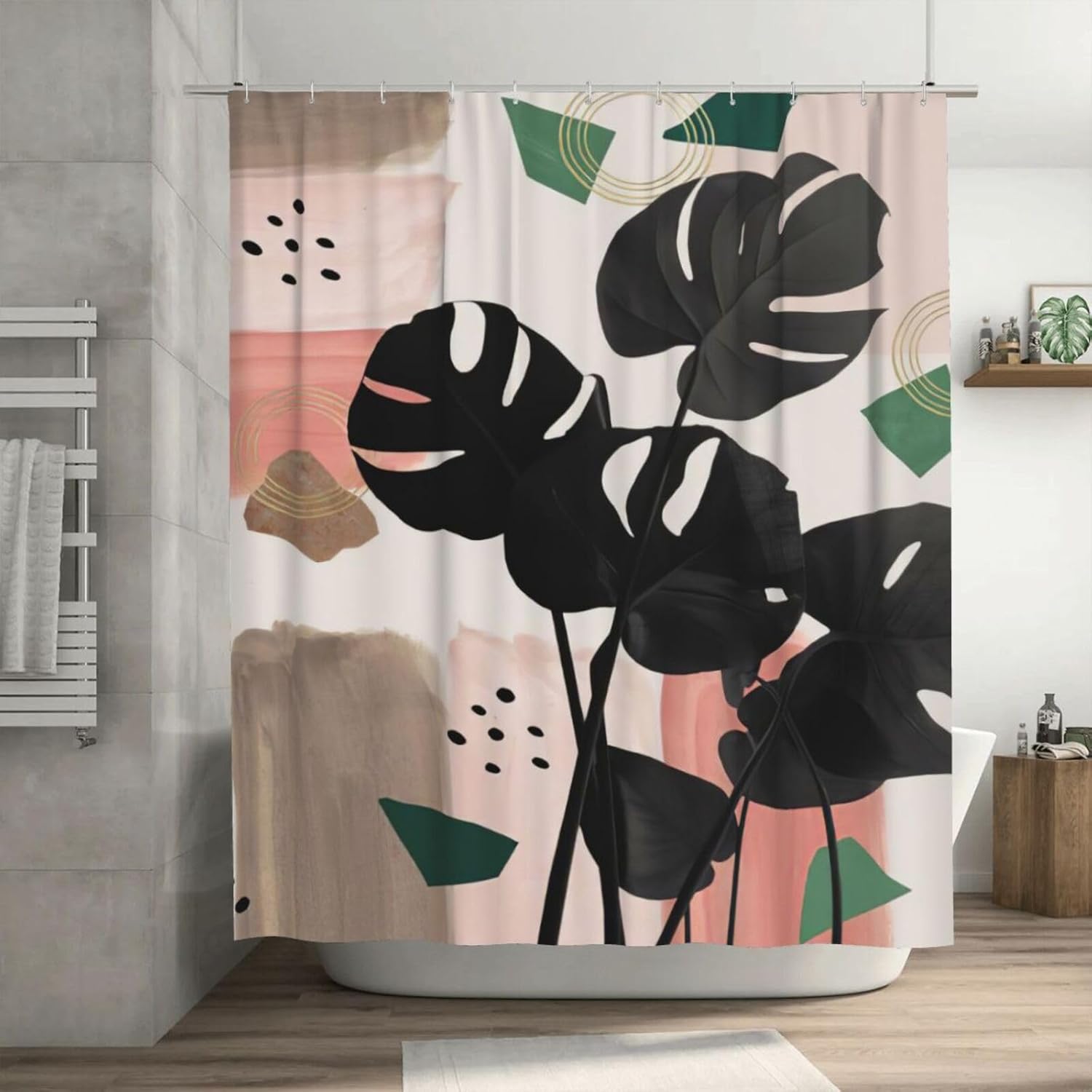 Cortina de ducha bohemia con diseño botánico abstracto de hojas de palmera negra, tela de poliéster, impermeable, de mediados de siglo, con ganchos,