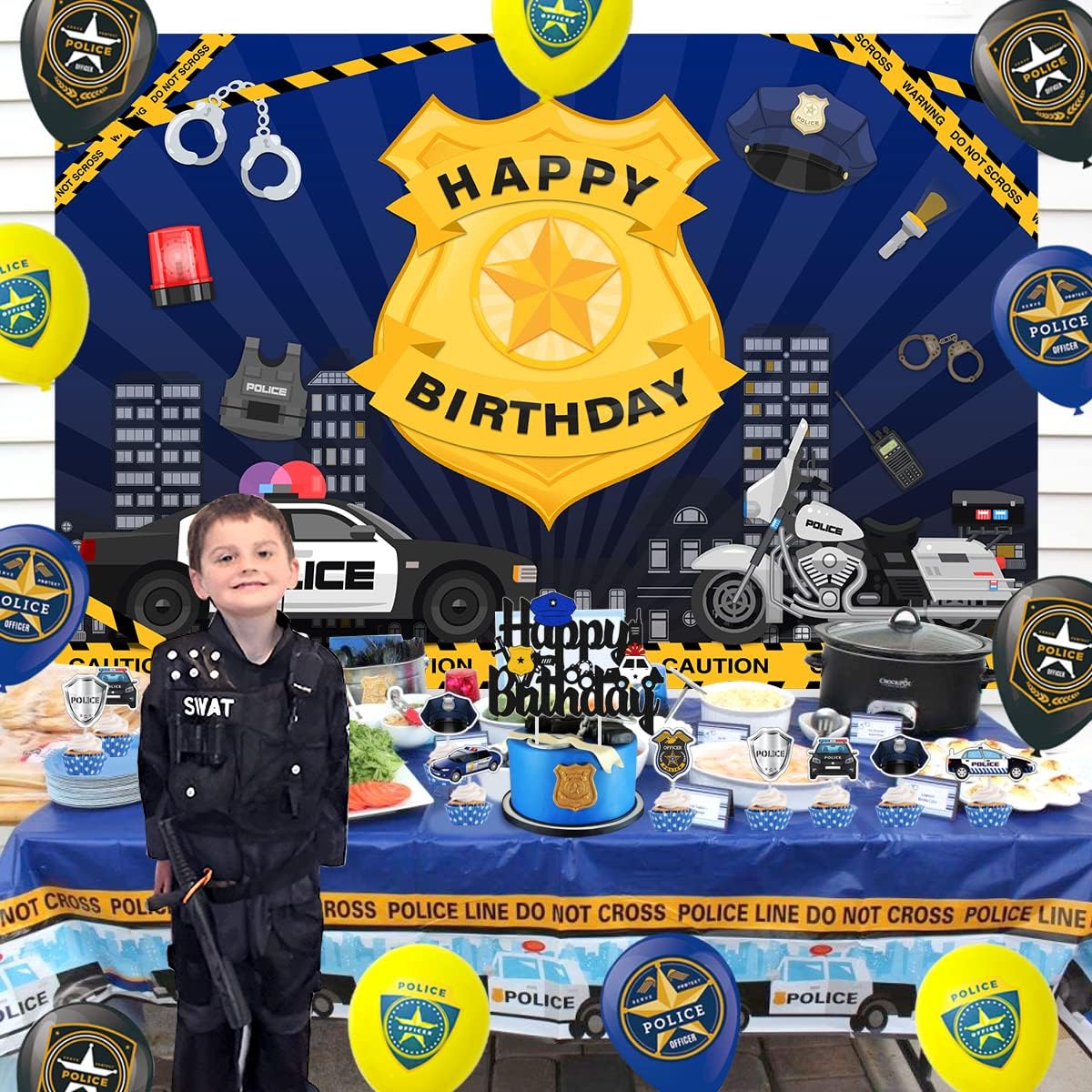 Decoraciones de cumpleaños de policía, decoraciones de fiesta de cumpleaños de policía para niños, globos temáticos de policía, pancarta de feliz