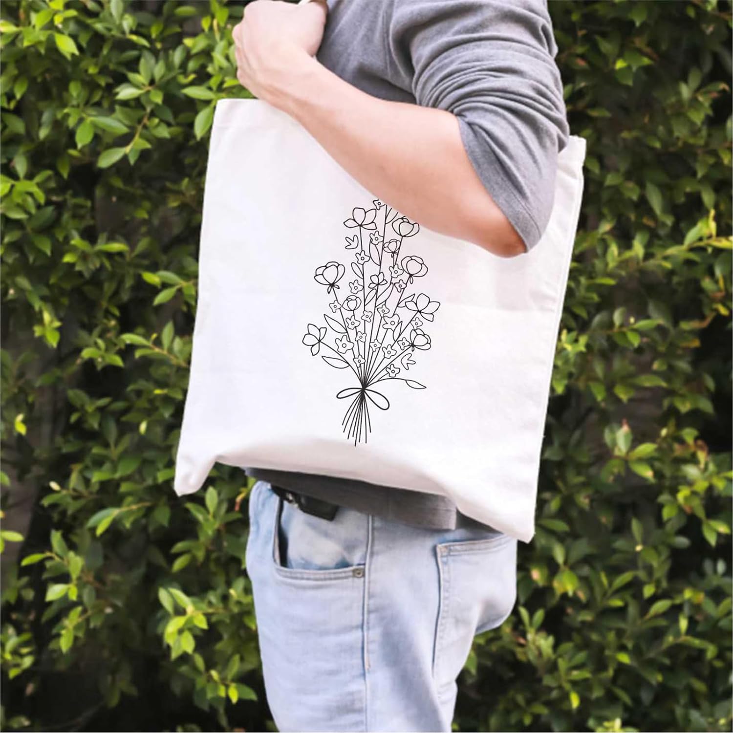 Lamkidle Bolsa de lona de algodón con diseño floral, pequeña bolsa de lona de algodón con bonito ramo de flores para mujer, bolsa de comestibles