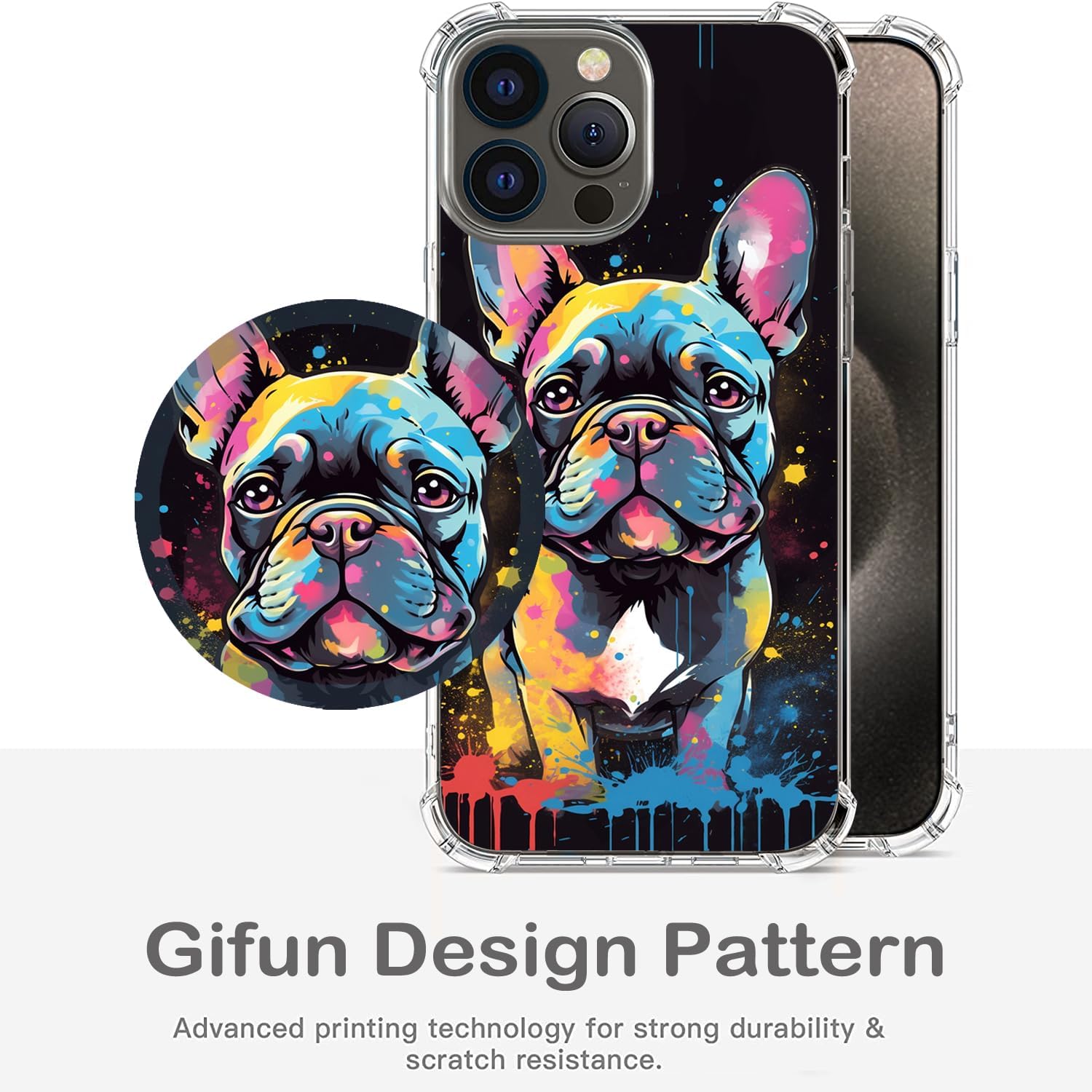 Funda de Bulldog Francés para iPhone 15 Pro, PC duro + TPU Bumper Funda protectora transparente compatible con iPhone 15 Pro 6.1 pulgadas – Color