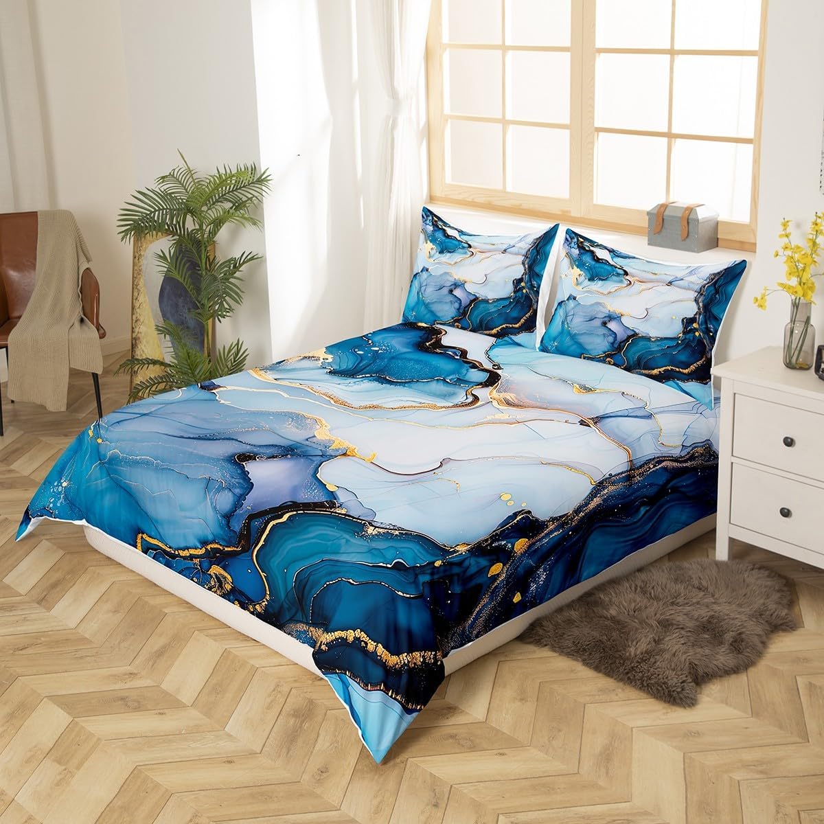 Erosebridal Juego de ropa de cama de mármol líquido azul aguamarina, funda de edredón con estampado de mármol con patrón de mármol abstracto, juego