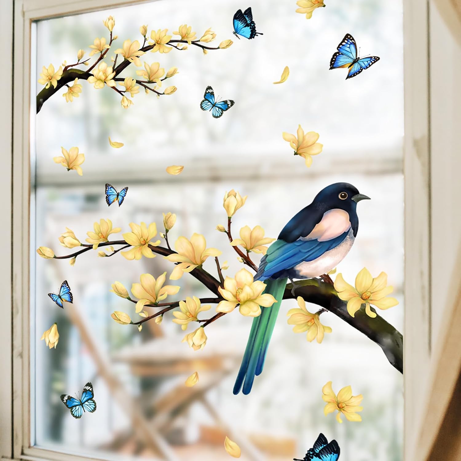 Adhesivos para ventana de flores, pájaros, mariposas, ventanas, primavera, verano, bricolaje, ramas de árboles, calcomanías de doble cara,