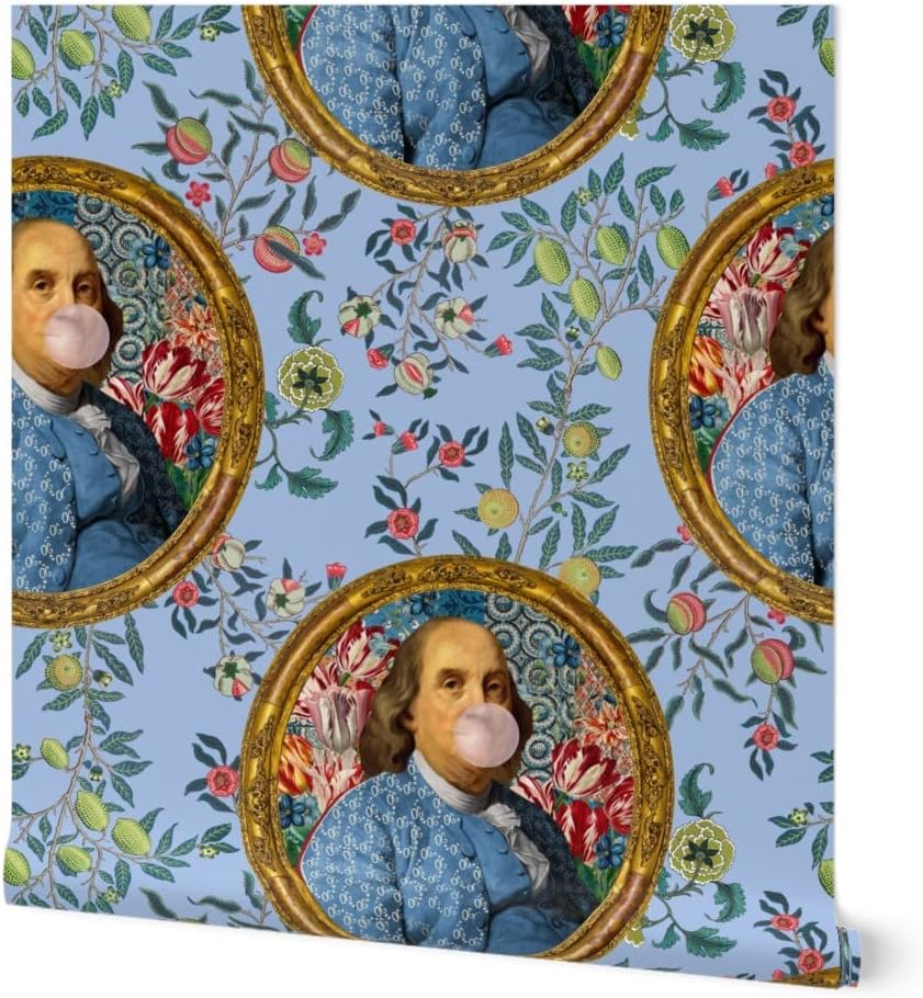 Spoonflower Papel tapiz extraíble de 12 x 2 pies  Benjamin Franklin Bubblegum Retrato Floral Estampado Azul Novedad Papel pintado personalizado
