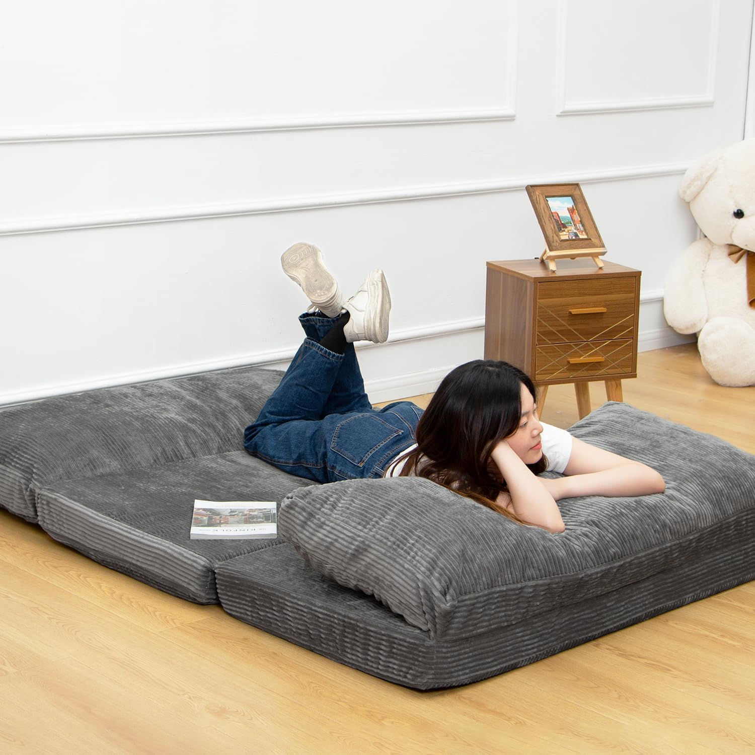 N&V Sofá cama plegable mediano con relleno de espuma, incluye funda extraíble y lavable a máquina, pana suave de alta calidad, mediano, gris escarcha