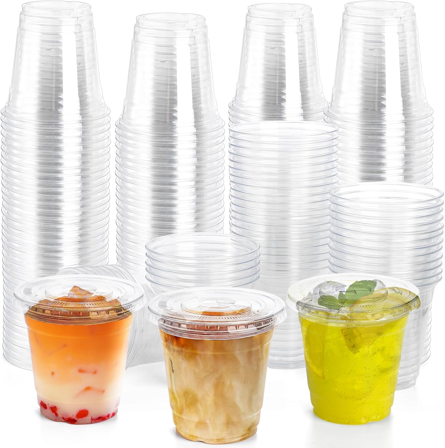 Lawei Juego de 200 vasos de plástico transparente con tapas, vasos desechables de 10 onzas para bebidas frías, vasos de plástico para fiestas con