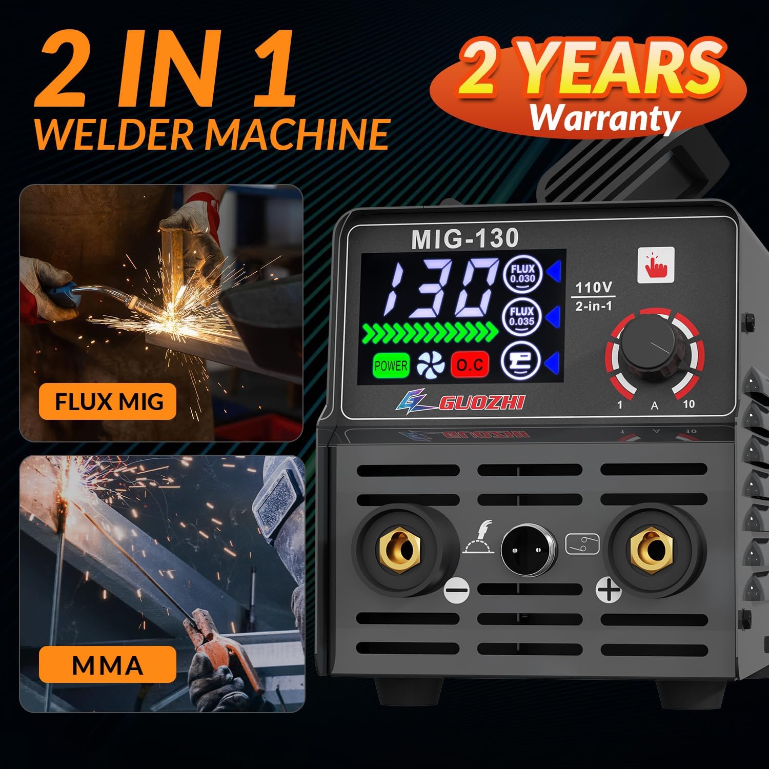 Soldador MIG 130Amp 110V con pantalla LED súper grande, 2 en 1 núcleo de flujo sin gas MIGStick MMA ARC Máquina de soldadura multiproceso con
