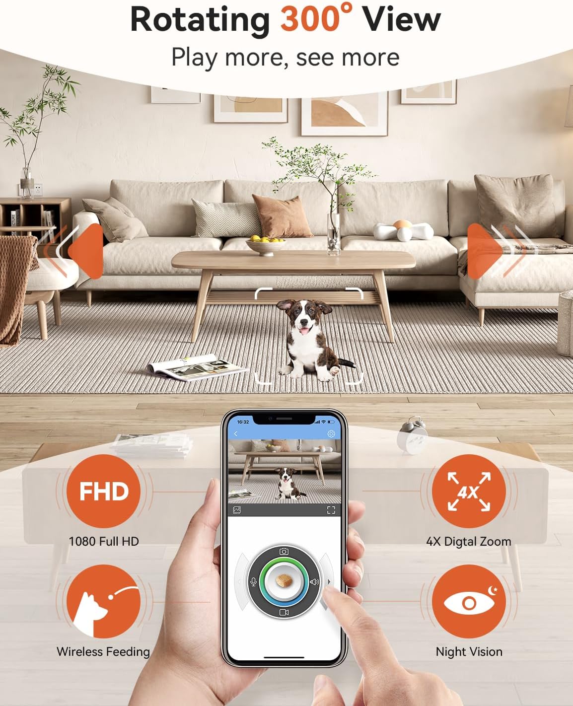 WOPET Cámara para perros de 300 con dispensador de golosinas, Nuevo 2024 Cámara WiFi 5G para mascotas para gatos y perros, 1080P HD con visión