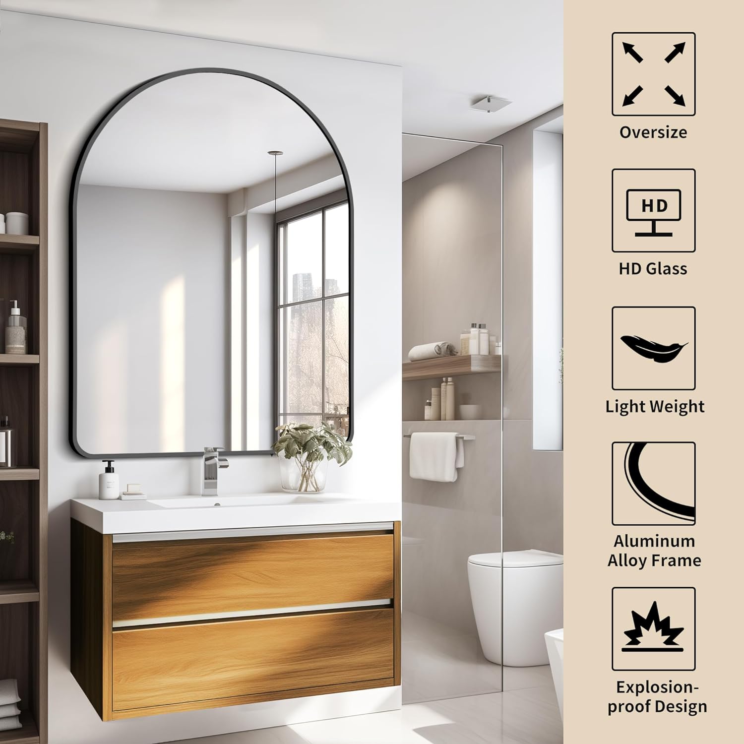 Espejo de pared arqueado, espejo de baño de 36 x 48 pulgadas, moderno marco de aleación de aluminio negro, espejo de tocador grande para dormitorio,