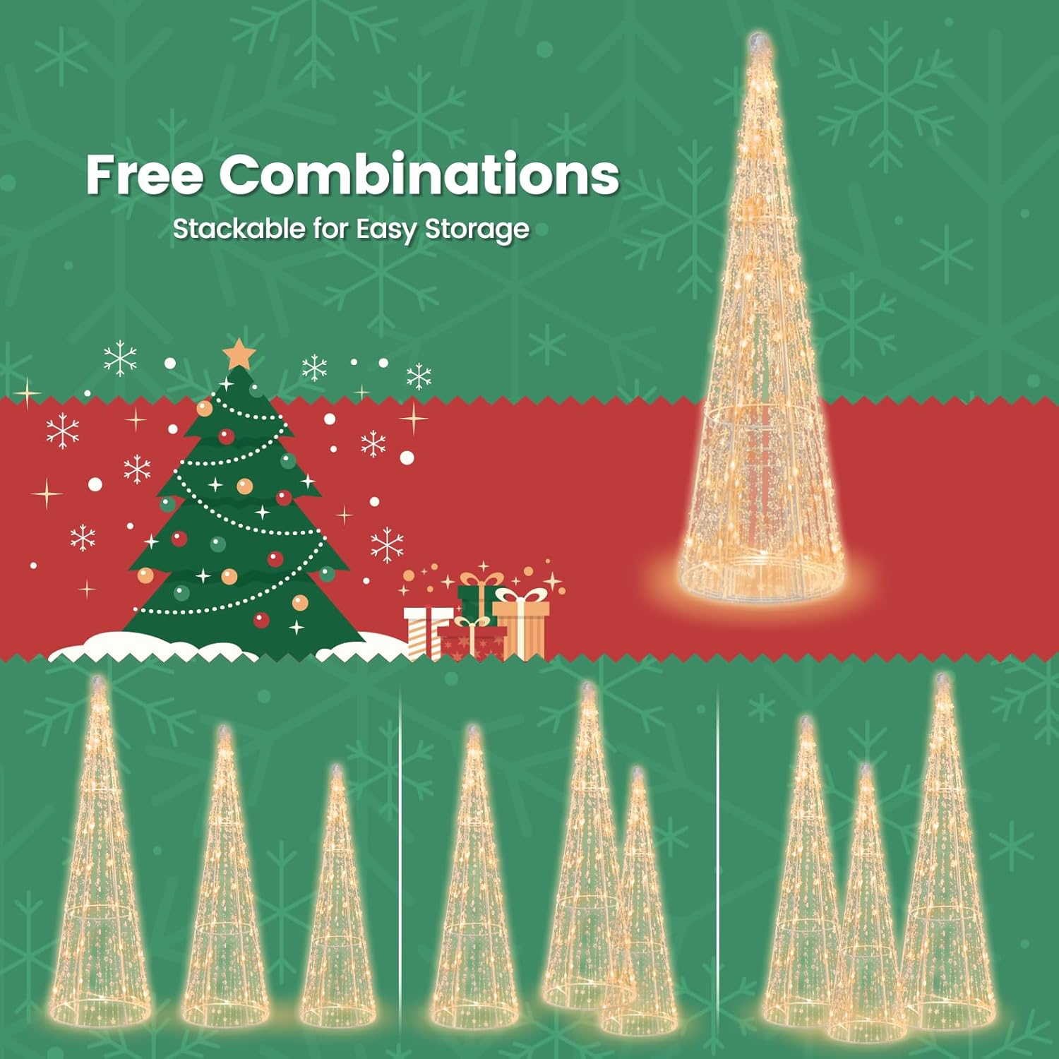 Tangkula Juego de 3 árboles de cono de Navidad iluminados, juego de árbol cónico decorativo de Navidad con cuerdas de estrellas, 90 luces LED