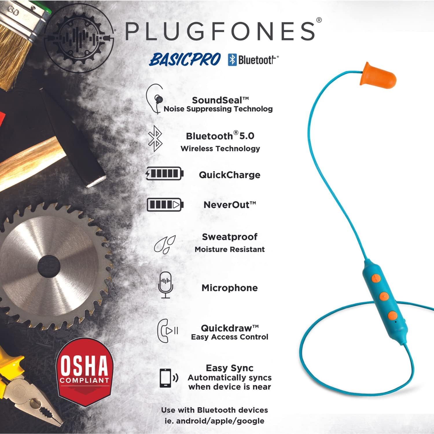 Plugfones Basic Pro – Auriculares intrauditivos inalámbricos Bluetooth  Reducción de ruido con micrófono de aislamiento de ruido y controles (azul y
