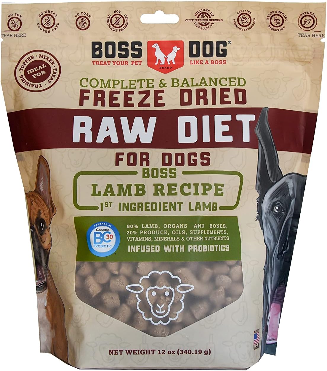 Boss Dog Marca completa y equilibrada dieta cruda liofilizada para perros 12oz bolsa (cordero)