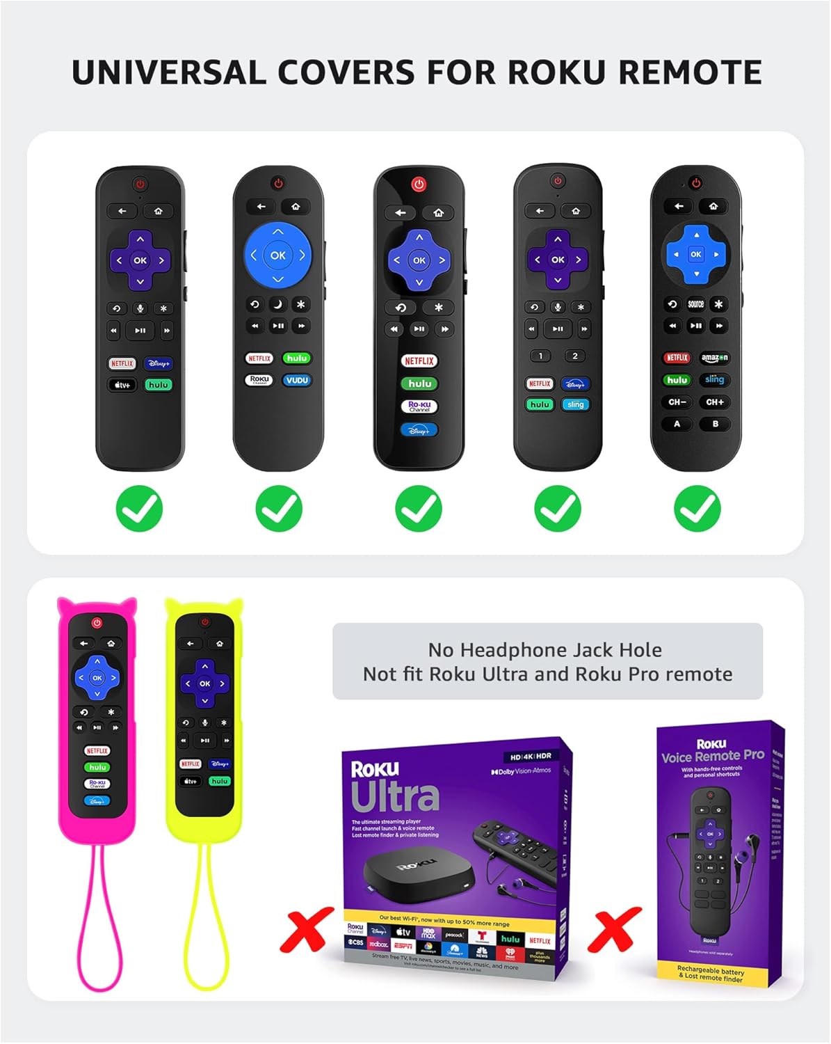 ONEBOM Paquete de 2 fundas para control remoto Roku con diseño de orejas de gato, funda de silicona compatible con HisenseTCL Roku TV, Steaming