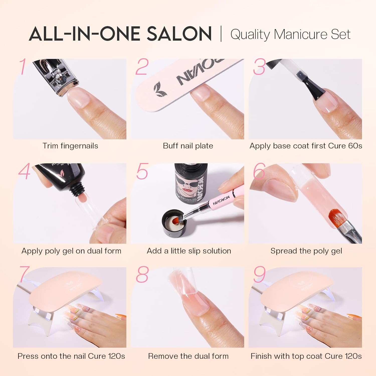 Morovan Kit de iniciación de uñas de poligel 8 colores con purpurina kit de gel de uñas con lámpara UV para principiantes, kit de extensión de gel