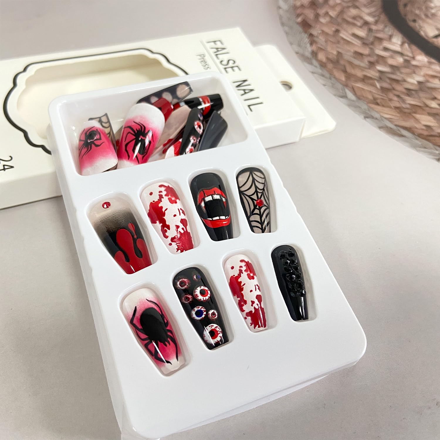 Uñas postizas a presión para Halloween, diseño de telaraña, con forma de araña y gota de sangre, uñas largas de terror, uñas artificiales para el