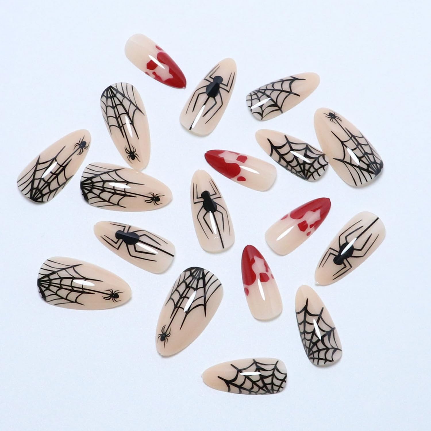 24 uñas postizas de Halloween a presión de almendra, medianas, diseño de telaraña, diseño de gotas de sangre, pegamento acrílico, cobertura